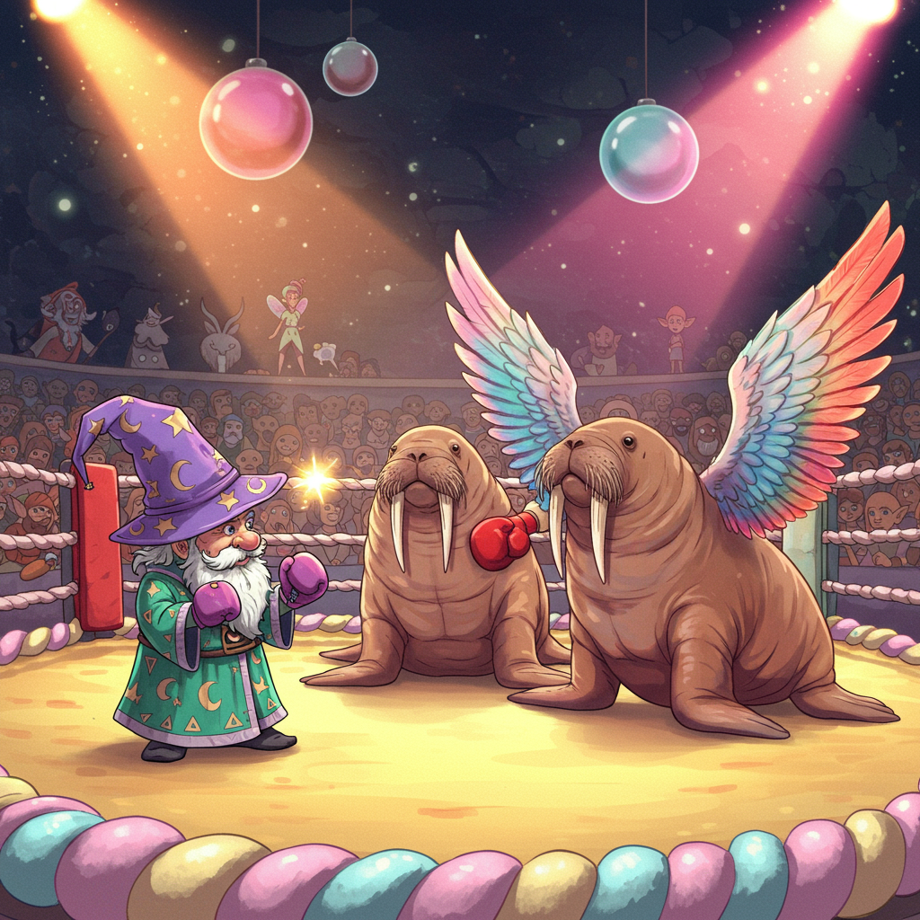 **Front Cover Description:**

The scene is set in a vibrantly colored boxing ring that seems straight out of a whimsical dreamscape. The ring itself is crafted from giant marshmallow ropes, each one a swirl of pastel colors—pink, lavender, and baby blue—that almost look good enough to eat. The ring’s floor is a shiny golden yellow, reflecting the lights from above like a magical arena.

**Main Characters:**

1. **Wizard:** In the left corner of the ring stands a short, stout wizard with an exaggeratedly large, pointy hat that seems to defy gravity. The hat is a vivid purple with silver stars and crescent moons dancing across its surface. His robes are a bright emerald green, decorated with ornate gold runes that shimmer in the light. His beard is comically long and white, twisting and curling like an out-of-control vine.

2. **Walruses with Wings:** Facing the wizard are two enormous walruses with comically tiny feathered wings flapping on their backs. Their wings are a riot of colors—each feather is a different hue, from electric blue to fiery red, giving them an oddly angelic appearance despite their cumbersome size. Their tusks are exaggeratedly large, glistening like polished ivory under the arena lights.

**Background Elements:**

- **Audience:** The stands are filled with a mix of whimsical creatures—fairies with iridescent wings, gnomes with pointy hats, and even a few animated brooms that seem to be watching the match eagerly. They are illustrated in the background, capturing the style reminiscent of a bustling cartoon world.

- **Lighting:** Above the ring, oversized orbs of light hang down, resembling oversized Christmas baubles. They cast a colorful glow over the scene, with rays of pink, orange, and green crisscrossing the ring in a playful, animated fashion.

- **Banners:** Brightly colored banners hang from the rafters, adorned with images of cupcakes and balloons, and in large, playful text, they read "Happy Birthday Magic Showdown!"

- **Corners of the Ring:** In each corner of the ring, oversized plush birthday presents sit with big, shiny bows—one with polka dots, one with stripes, and another with stars—adding to the festive theme.

This illustration combines elements of whimsy and fantasy, pulling inspiration from classic cartoon styles, ensuring it bursts with color and playful exaggeration, perfect for a magical birthday greeting.
Generated with these themes: Wizard, and Walruses with wings in boxing ring.
Made with ❤️ by AI.