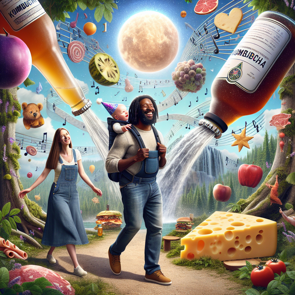 A surreal birthday-themed illustration combining a diverse mix of elements. At the heart of the scene, a joyful Black man walks through a quirky forest with his one-year-old son cocooned securely in a back carrier. A Caucasian woman with short, straight brown hair, clad in her characteristic dungarees, saunters next to him. Hovering amongst the trees, colossal kombucha bottles shimmer, creating a waterfall effect, while musical notes meander through the atmosphere, establishing a reggae beat backdrop. Above, a cheese wheel moon and cold cut stars form a heavenly charcuterie, emitting light onto the fantasy-based landscape.
Generated with these themes: Kombucha, Kombucha, Reggae, Music, His wife who has short straight brown hair and wears dungarees, Walking in nature with his 1 year old son on his back, and Cheese and deli meat.
Made with ❤️ by AI.