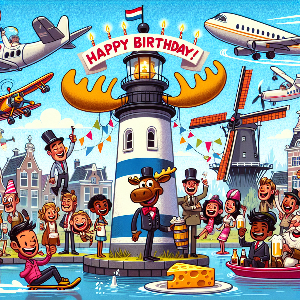 Create a lively and humorous cartoon birthday scene set in Amsterdam. The illustration should feature a whimsical lighthouse wearing a party hat. Cheerful cartoon moose, who are waiters, skate around on the canals, serving beer and cheese on platters, while airplanes with grinning propellers fly above, trailing banners that say 'Happy Birthday!' In the background, a towering windmill spins in celebration, doubling as a quirky merry-go-round for the diverse set of animated characters enjoying the party. The characters should include a mix of men and women of different descents, including Hispanic, Black, Caucasian, Middle-Eastern, and South Asian, all depicted in a cartoon style.
Generated with these themes: Amsterdam , Lighthouse , Beer, Cheese, Airplane , Moose, and Windmill.
Made with ❤️ by AI.