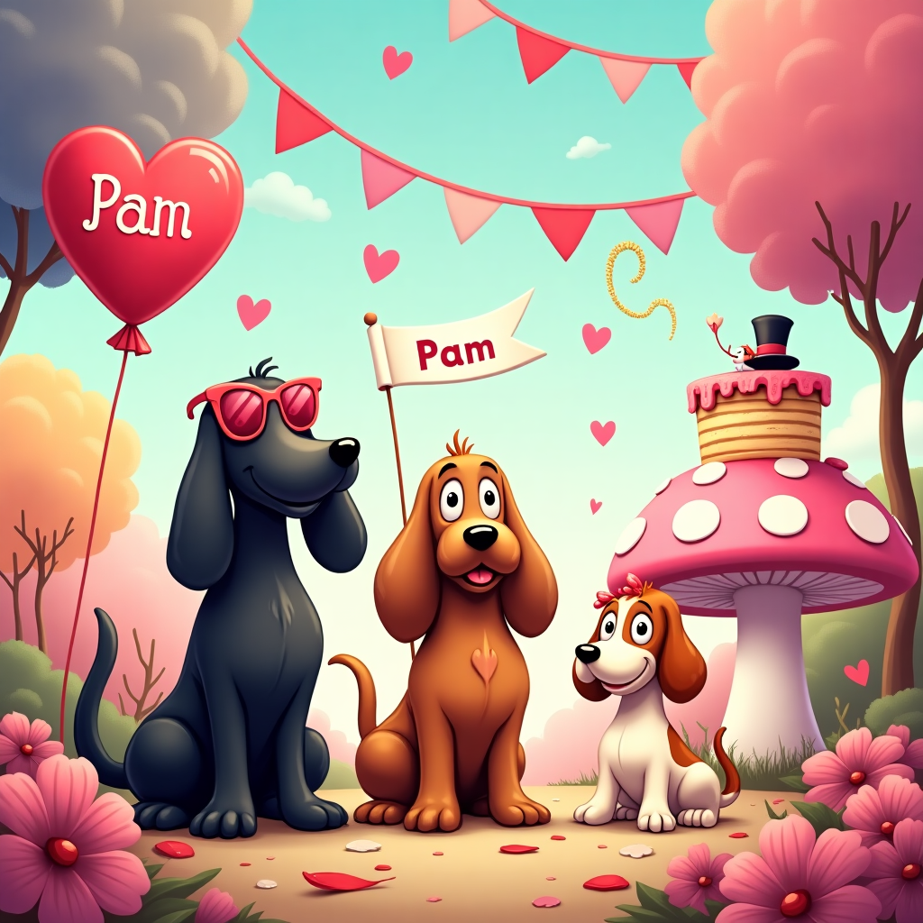 **Front Cover Illustration Description:**

The scene is a whimsical and bustling Valentine's Day park setting filled with vibrant colors and lively elements, designed in a quirky cartoon style.

**Foreground:**
- **Black Basset Hound**: This character sits in the foreground with its exaggerated droopy ears flopping down. Its long, wavy tail curls up playfully. It's wearing oversized, heart-shaped sunglasses that reflect the nearby scenery. The basset's body is elongated with short, stubby legs, and its expressive eyes are comically large.
- **Tri Colour Basset Hound**: Positioned to the left, the tricolor basset hound has exaggeratedly long, wavy ears adorned with small, red heart-shaped earrings. Its coat displays exaggerated patches of black, brown, and white. It's holding a large, red balloon with "Pam" written on it in white, swirly letters.
- **Ginger and White Basset Hound**: To the right, this basset hound is perched atop an oversized, candy-colored, pink and white striped mushroom. It has a fluffy, exaggeratedly large, ginger ear that’s draped over the mushroom like a blanket. It wears a small, heart-shaped patch on its side, made up of ginger and white fur.

**Background:**
- A series of vibrantly colored heart-shaped balloons float whimsically across the sky, each tied with an elaborate pink ribbon. 
- An array of fantastical, oversized flowers in hues of red, pink, and purple surrounds the dogs, their petals swirling like pinwheels.
- Behind the bassets, a charming, cartoon-style Cupid’s bow and arrow are embedded in a fluffy cloud, peeking out with golden, glittery edges.

**Midground:**
- A comical, heart-shaped cake on a pedestal, slightly tilted, with the word "Pam" written in pink icing, sits near the ginger and white basset hound.
- A banner overhead swings from side to side, supported by small animated birds wearing top hats. It reads "Happy Valentine's Day!" in large, bubble letters, each letter a different shade of pink or red.

**Details:**
- The grass is stylized with exaggerated, curling blades that almost appear to dance, in shades of emerald and lime green.
- The sky is a bright, cartoonish blue with exaggeratedly puffy, white clouds dotting the scene.
- Around the edges of the card, a border of interlocking, cartoon-style red and pink hearts ties the illustration together.

This whimsical scene draws inspiration from the charming simplicity and expressive features found in the works of Charles Schulz, Walt Disney, and Bill Watterson, combined with the intricate backgrounds reminiscent of Winsor McCay.
Generated with these themes: Black Basset hound, Tri Colour Basset hound, and Ginger and White Basset hound.
Made with ❤️ by AI.