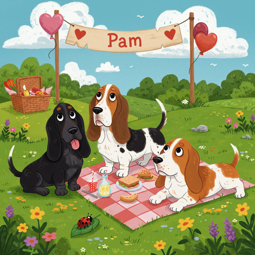 The front cover of the Valentine's Day greeting card features a whimsical, cartoon-style scene set in a vibrant, park-like environment reminiscent of Charles Schulz's "Peanuts" with a touch of Bill Watterson's "Calvin and Hobbes" playfulness. The setting includes rolling green hills peppered with tiny, whimsical flowers in shades of pink, yellow, and lavender, and a bright blue sky filled with oversized, fluffy white clouds.

In the foreground, three Basset Hounds are central to the scene, each with distinct, exaggerated features that amplify their adorable qualities. On the left, a Black Basset Hound with long, floppy ears and a shiny, black coat that glistens in the sunlight sits with a cheeky grin. Its large, round eyes are playful, and its tongue hangs lazily from its mouth.

In the middle, the Tri Colour Basset Hound stands with a proud pose, showcasing its rich blend of black, white, and brown patches. The exaggerated folds of its skin give it a comically droopy appearance, and its tail is wagging in a wide arc, stirring the grass beneath it.

On the right, the Ginger and White Basset Hound is lying down, legs stretched out and ears sprawled like a picnic blanket. Its coat is a vibrant orange with pure white accents, and it seems to be gazing dreamily at the sky.

In the background, a wooden banner swings gently from two poles adorned with balloons shaped like hearts. The banner reads "Pam" in bold, playful, red letters, seemingly painted with a broad brush. This touch of personalization adds a sweet note to the card.

Scattered around the dogs are playful elements like a small picnic basket, from which peek out cartoonish sandwiches and a large bottle of lemonade. A nearby ladybug wearing a tiny top hat crawls leisurely on a leaf, adding a quirky charm to the scene.

The entire illustration is bathed in bright, vivid colors that pop against the white border of the card, ensuring it captures the eye and delivers a cheerful, heartfelt message perfect for Valentine's Day.
Generated with these themes: Black Basset hound, Tri Colour Basset hound, and Ginger and White Basset hound.
Made with ❤️ by AI.