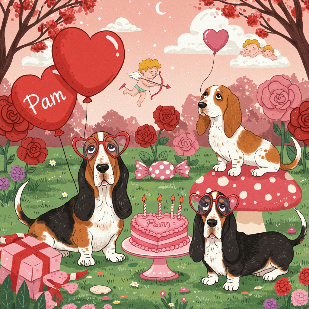 **Front Cover Illustration Description:**

The scene is a whimsical and bustling Valentine's Day park setting filled with vibrant colors and lively elements, designed in a quirky cartoon style.

**Foreground:**
- **Black Basset Hound**: This character sits in the foreground with its exaggerated droopy ears flopping down. Its long, wavy tail curls up playfully. It's wearing oversized, heart-shaped sunglasses that reflect the nearby scenery. The basset's body is elongated with short, stubby legs, and its expressive eyes are comically large.
- **Tri Colour Basset Hound**: Positioned to the left, the tricolor basset hound has exaggeratedly long, wavy ears adorned with small, red heart-shaped earrings. Its coat displays exaggerated patches of black, brown, and white. It's holding a large, red balloon with "Pam" written on it in white, swirly letters.
- **Ginger and White Basset Hound**: To the right, this basset hound is perched atop an oversized, candy-colored, pink and white striped mushroom. It has a fluffy, exaggeratedly large, ginger ear that’s draped over the mushroom like a blanket. It wears a small, heart-shaped patch on its side, made up of ginger and white fur.

**Background:**
- A series of vibrantly colored heart-shaped balloons float whimsically across the sky, each tied with an elaborate pink ribbon. 
- An array of fantastical, oversized flowers in hues of red, pink, and purple surrounds the dogs, their petals swirling like pinwheels.
- Behind the bassets, a charming, cartoon-style Cupid’s bow and arrow are embedded in a fluffy cloud, peeking out with golden, glittery edges.

**Midground:**
- A comical, heart-shaped cake on a pedestal, slightly tilted, with the word "Pam" written in pink icing, sits near the ginger and white basset hound.
- A banner overhead swings from side to side, supported by small animated birds wearing top hats. It reads "Happy Valentine's Day!" in large, bubble letters, each letter a different shade of pink or red.

**Details:**
- The grass is stylized with exaggerated, curling blades that almost appear to dance, in shades of emerald and lime green.
- The sky is a bright, cartoonish blue with exaggeratedly puffy, white clouds dotting the scene.
- Around the edges of the card, a border of interlocking, cartoon-style red and pink hearts ties the illustration together.

This whimsical scene draws inspiration from the charming simplicity and expressive features found in the works of Charles Schulz, Walt Disney, and Bill Watterson, combined with the intricate backgrounds reminiscent of Winsor McCay.
Generated with these themes: Black Basset hound, Tri Colour Basset hound, and Ginger and White Basset hound.
Made with ❤️ by AI.