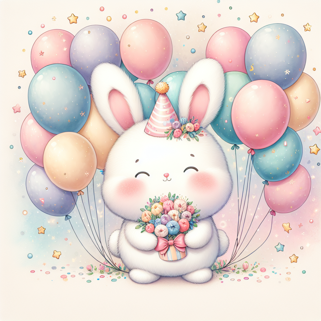 Create a heartwarming image with a birthday theme featuring a variety of adorable animals all wearing party hats. Centre the scene around a plump and rosy-cheeked bunny holding a bouquet of vibrant balloons. Add to the scene, little twinkling stars softly glowing around, providing an enchanting touch. Let the background blend with soft pastel hues and draw tiny specks of confetti elegantly floating downwards. This illustration should spark a joyful birthday celebration atmosphere.
Generated with these themes: spurs.
Made with ❤️ by AI.