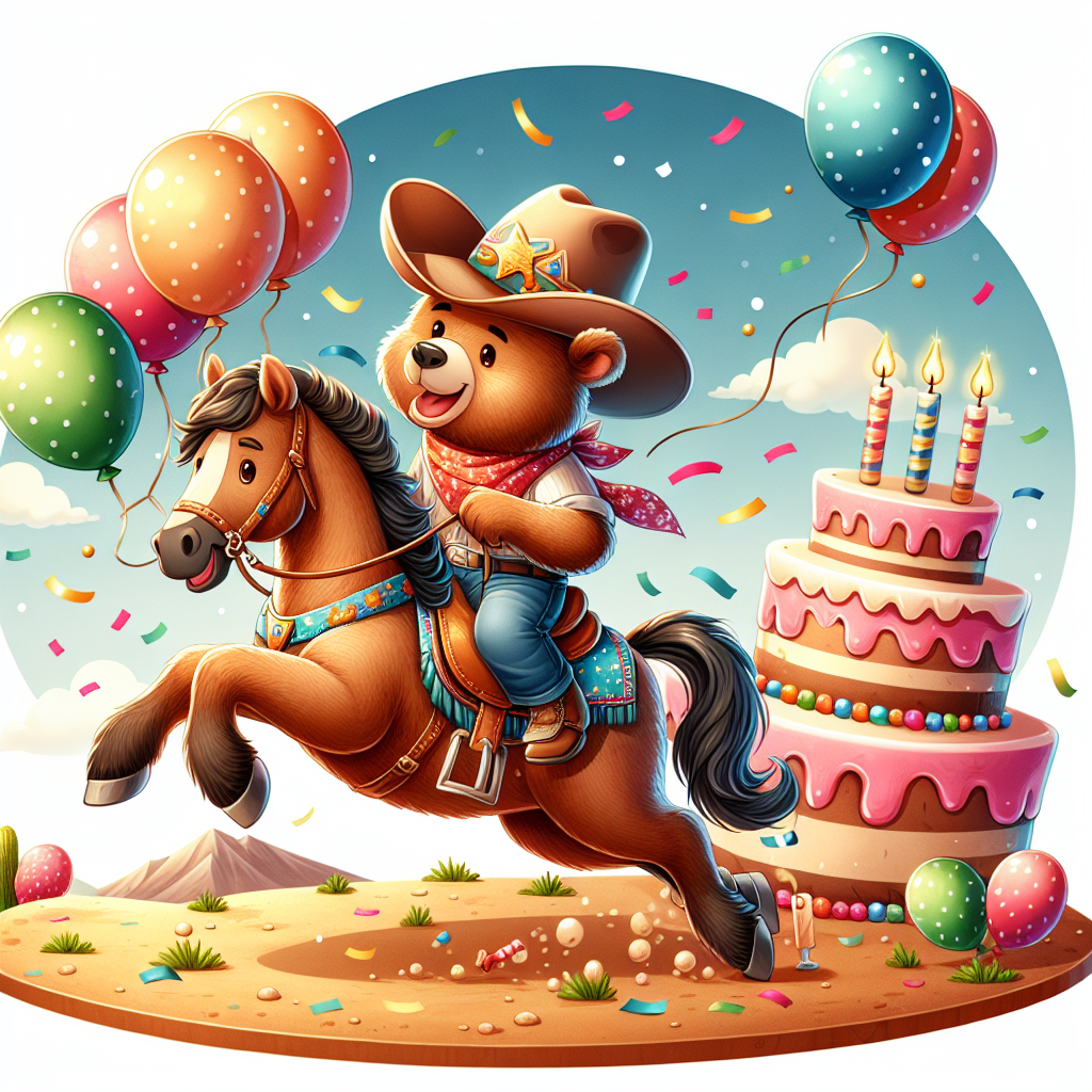 Create an illustration with a birthday theme, featuring a gleeful bear with a charming smile. The bear is stylishly wearing a traditional cowboy hat and exhibits his dexterity by riding masterfully on a galloping horse. Enhance the spirit of celebration by adding floating festive balloons and confetti in the surroundings. On the ground nearby, place a vibrant birthday cake adorned with candles, ready to be blown out, contributing to the overall merriment of the scene.
Generated with these themes: a bear riding a horse like a cowboy.
Made with ❤️ by AI.