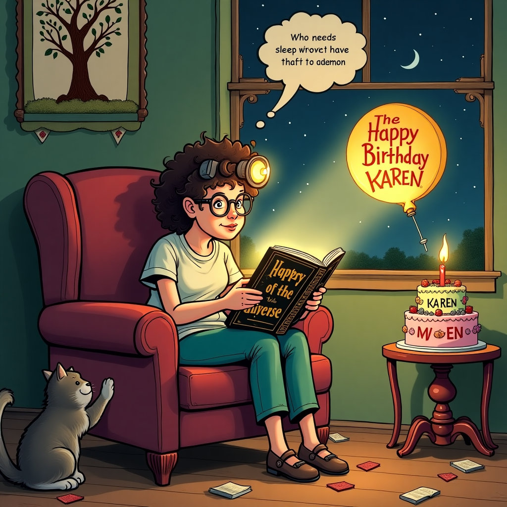 In a cozy, whimsical living room that looks like it’s straight out of a vintage comic strip, we find a humorous birthday scene. The main character, a woman in her 30s with wild, curly hair and oversized reading glasses, is comfortably settled in a plush, slightly worn armchair that’s the color of rich, burgundy wine. She’s engrossed in a thick, hardbound book, its pages slightly yellowed, titled "The Secrets of the Universe" in bold gold lettering. What's amusing is that it's nighttime, and she’s wearing a chunky headtorch that projects an absurdly large spotlight onto her book, illuminating it with comedic exaggeration akin to a stage light, casting dramatic shadows across her face.

In the corner of the room, a peculiar scene unfolds: her loyal tabby cat is batting at a stray balloon that reads "Happy Birthday Karen!" in colorful, playful letters. The balloon seems to have a life of its own, bouncing energetically with every swipe of the cat's paw. On the wall behind her, there’s a whimsical drawing of a family tree, where the leaves spell out “K-A-R-E-N” among the branches, blending art and text.

In the background, through a large window, a cartoonish full moon hangs low in the sky, providing a soft, silver glow that compliments the warm tones inside. The moon has a mischievous grin and is winking, adding to the comical atmosphere. A small table beside the armchair holds a comically large birthday cake, with a single, towering candle burning with an unusually bright and cheerful flame. The cake is adorned with vibrant frosting in various shades of pastel and decorated with miniature, edible books scattered like confetti. Above the cake, a thought bubble emerges from the woman's head, reading, “Who needs sleep when you have the universe?”

This quirky and amusing scene is peppered with playful details, reminiscent of the charming, exaggerated style of the classic cartoonists, perfectly capturing the essence of Karen’s love for reading and the joy of celebrating another year of life.
Generated with these themes: Women reading with headtorch on , and .
Made with ❤️ by AI.