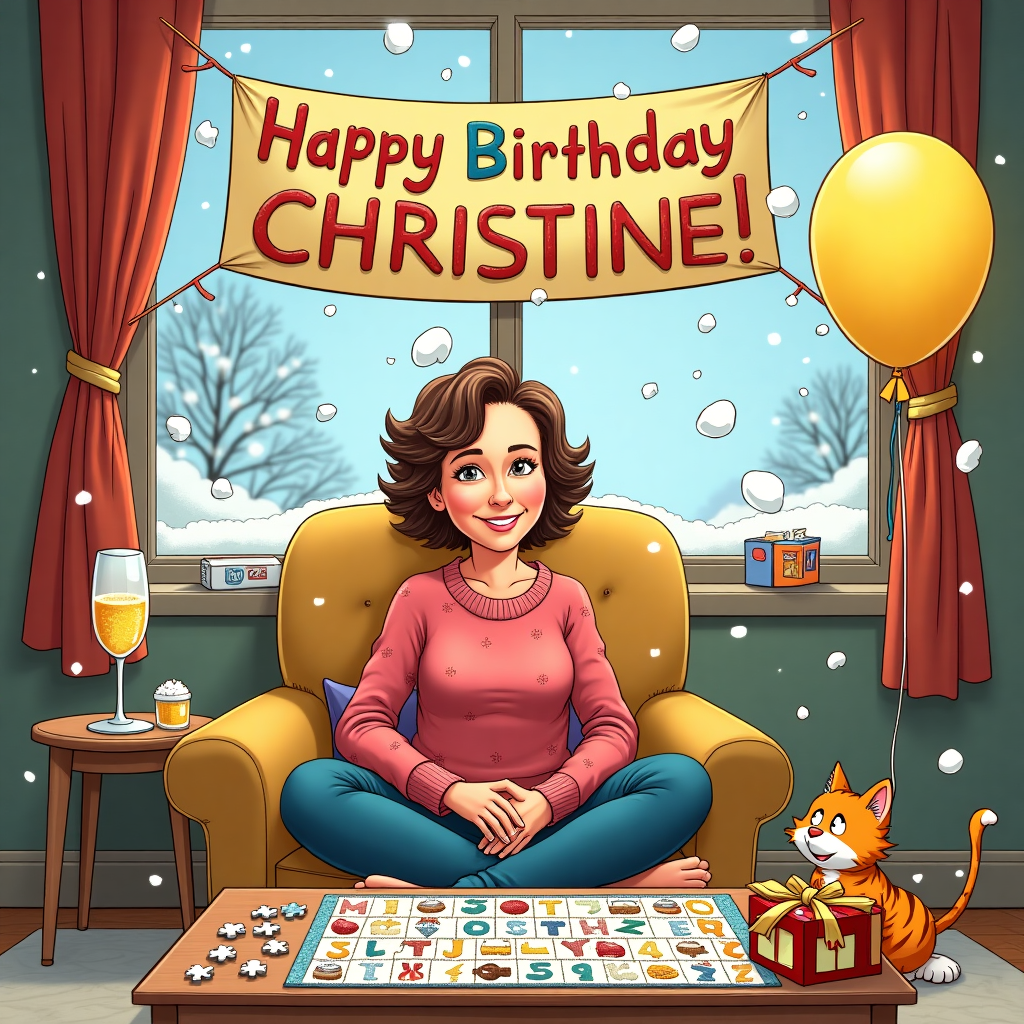 In a cozy, warmly lit living room, the heart of a cartoon birthday scene unfolds, drawing inspiration from the likes of Charles Schulz and Bill Watterson. The focal point is a spirited woman in her 50s, with short, curly brown hair peppered with flecks of silver. She's wearing a playful, polka-dotted sweater that seems to reflect her vibrant personality. With a wide smile, she sits cross-legged on a plush, overstuffed armchair. On the coffee table before her is a sprawling jigsaw puzzle in progress, its pieces scattered like confetti. Each piece is painted with tiny festive patterns—balloons, cake slices, and tiny champagne flutes.

To her left, a small round table supports a half-full glass of champagne, its bubbles whimsically escaping into the air, adding a lively touch to the scene. The background window frames a picturesque snowfall, with large, fluffy flakes dancing down to create a serene, winter wonderland outside. The snow has settled on the window sill, making it look like a frosted cake edge.

On the wall above the jigsaw puzzle, a large, colorful banner proudly reads "Happy Birthday Christine!" in bold, cheerful letters. The banner is festooned with illustrations of little cartoon characters, reminiscent of those in the strips by Hergé or Will Eisner, each holding a letter of Christine's name, as if they are on a daring, birthday-themed adventure.

Additionally, in the lower right corner of the room, a cheeky tabby cat—styled like an Osamu Tezuka character—sits inside the puzzle box lid, playfully batting at the puzzle pieces. Its big, expressive eyes seem to say it's more interested in Christine's activities than in the chilly scene beyond the window.

The room is filled with various birthday paraphernalia: a half-opened present with bright ribbons, a small stack of birthday cards, and a cheerful helium balloon lazily floating near the ceiling, shaped like a cartoon character that looks suspiciously like Calvin from Calvin and Hobbes, grinning with delight.
Generated with these themes: Woman in her 50s with brown hair is doing a jigsaw puzzle and drinking champagne and it is snowing outside.
Made with ❤️ by AI.