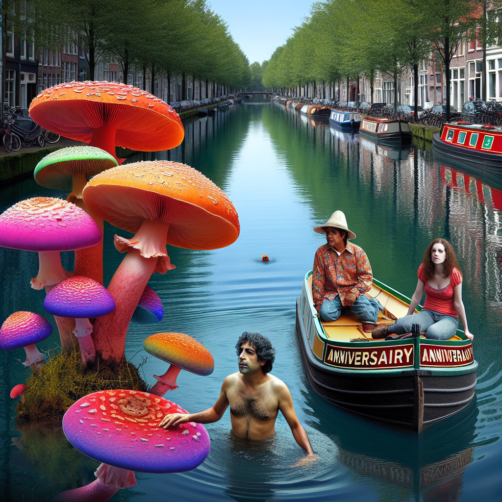In honor of the anniversary of a popular graphic design studio with a penchant for the surreal, a peaceful canal brims with life where a brightly colored narrowboat silently moves across the serene water surface. A Hispanic man and a Middle Eastern woman swim next to the boat, their adventurous spirit remarkably evident. An unnatural cluster of large, intensely hued mushrooms grows on the canal’s edge, bringing an otherworldly flair to the waterway. This sublime juxtaposition of the everyday with the fantastical embodies the quintessence of the studio's unique design style.
Generated with these themes: Narrowboat , Swimming, and Mushrooms.
Made with ❤️ by AI.