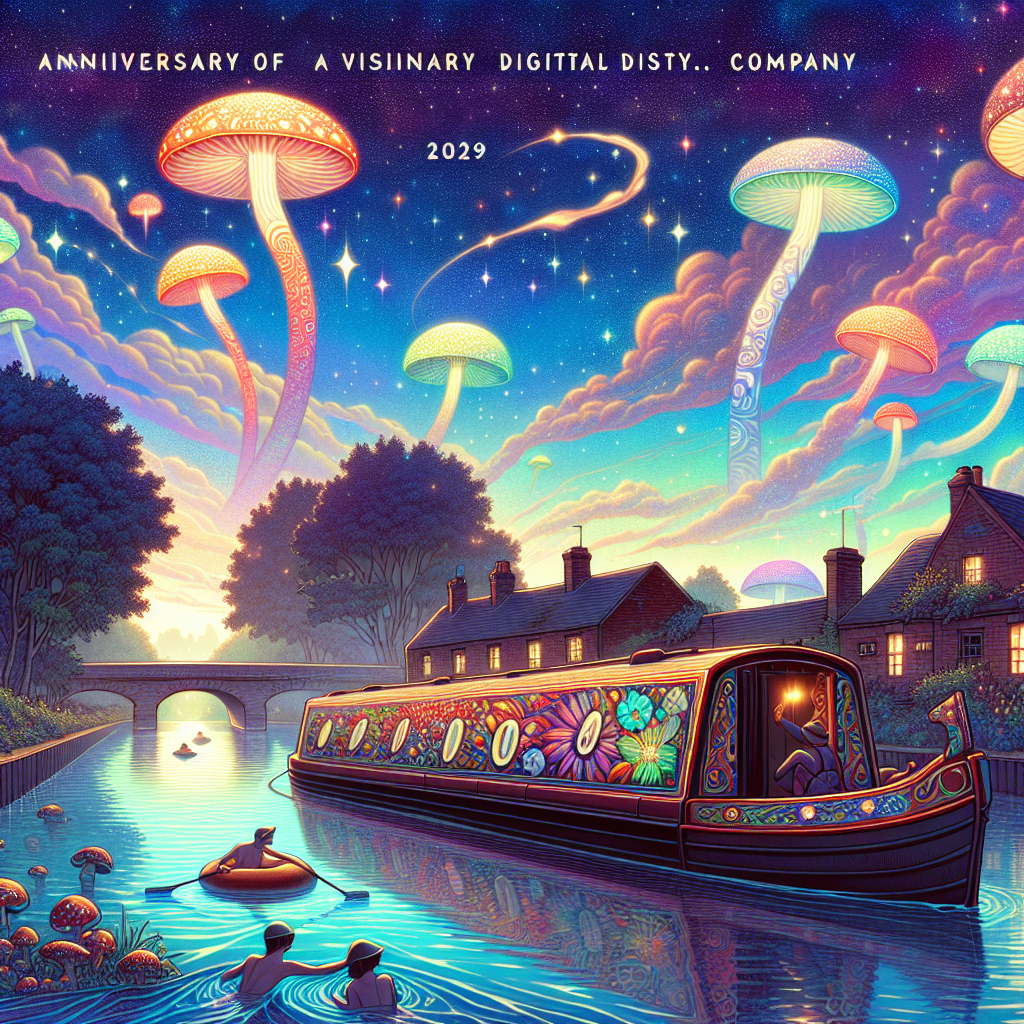 This illustration commemorates the anniversary of a visionary digital art company. It features a fantasy-style narrowboat painted with designs of magical mushrooms, quietly sailing on a peaceful river. There are swimmers skilfully gliding through the twinkle-touched water under a sky saturated with dream-like colours. The vibrant sky mimics the tranquility and development that the mushrooms represent, subtly hinting at the company's distinctive evolution throughout the years.
Generated with these themes: Narrowboat , Swimming, and Mushrooms.
Made with ❤️ by AI.