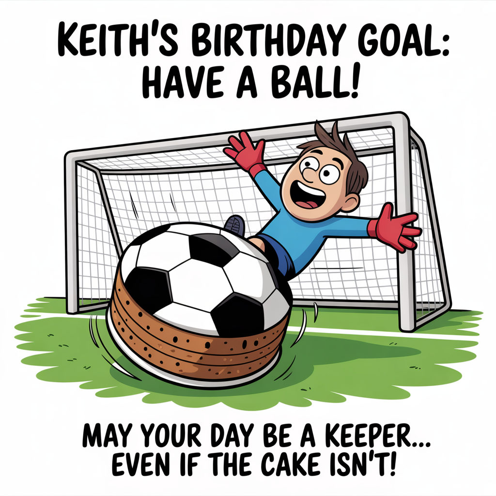 At the top of the image, "Keith's Birthday Goal: Have a Ball!"

At the bottom of the image, "May Your Day Be a Keeper... Even If the Cake Isn’t!"

- In the center of the image, illustrate a playful, cartoon-style scene where a goalkeeper is hilariously tripping over a giant birthday cake, his arms flailing and eyes wide with surprise. The cake is decorated with a soccer ball pattern, adding to the sporty theme. Bright, exaggerated expressions and colors give the image a whimsical and celebratory feel.
Generated with these themes: Football, and .
Made with ❤️ by AI.