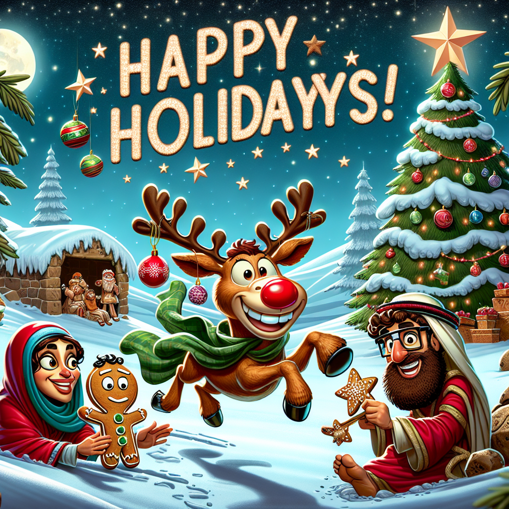In this humorous take on Christmas, a cartoonish reindeer, complete with a shiny red nose, appears to be chasing a sly demon ginger cookie across a snowy landscape. Beneath an ornament-laden tree, a caricature of Mary, Joseph, and the baby Jesus share a light-hearted moment. Above them, twinkling stars form the cheerful greeting, 'Happy Holidays!', adding to the festive cheer.
Generated with these themes: reindeer / red nose / demon ginger cookie / snow / Mary, Joseph, and the baby Jesus..
Made with ❤️ by AI.