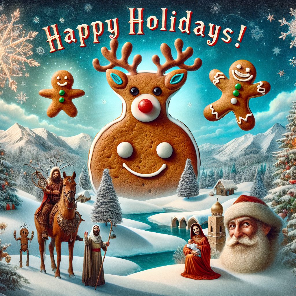A whimsical Christmas scene unfolds with a reindeer sporting a bright red nose at the forefront, flanked by a mischievously grinning demon ginger cookie. In the background, a serene snow-covered landscape sets the stage for a playful depiction of Mary, Joseph, and baby Jesus, huddled together and exuding warmth. Above them, the words 'Happy Holidays!' are etched in the sky with a candy cane-striped font.
Generated with these themes: reindeer / red nose / demon ginger cookie / snow / Mary, Joseph, and the baby Jesus..
Made with ❤️ by AI.