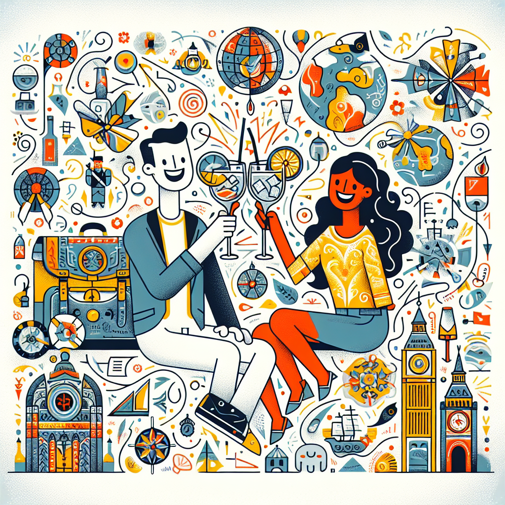 Create a whimsical image that celebrates an anniversary. This image includes a pair of individuals, a white man and a South Asian woman, cheerfully clinking their gin cocktail glasses. These two characters are sitting amidst a stylized, whimsical map filled with various landmarks and unique icons that represent the spirit of exploration. The map is festooned with playful bursts of color that symbolize the shared joy and excitement of their journey together.
Generated with these themes: Gin, Cocktails, and Exploring.
Made with ❤️ by AI.