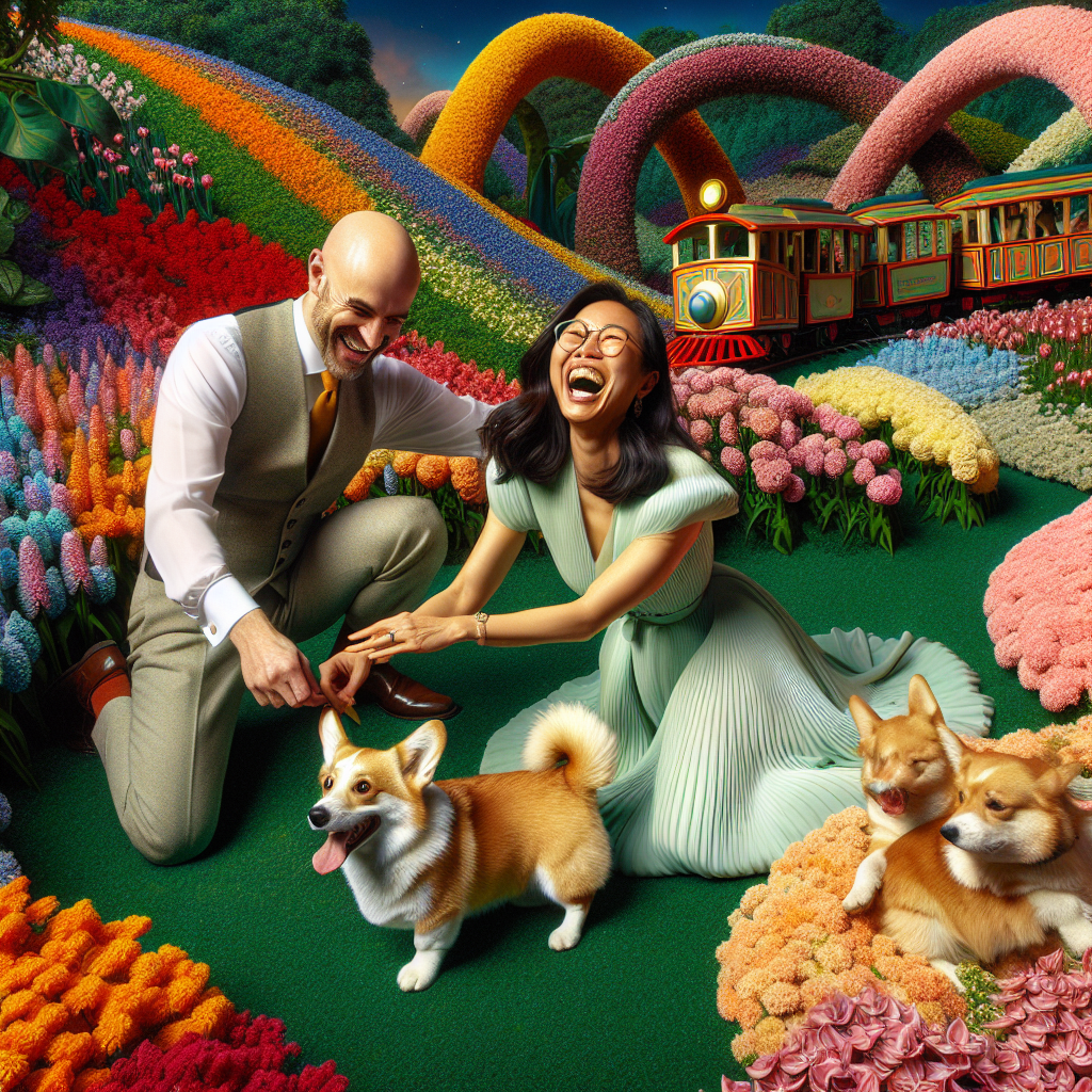 Generate a visual representation of an anniversary scene in a vibrant garden. The protagonists are a tall, bald Caucasian man who is immersed in the gardening of multicolored blooms, and a South Asian woman with dark hair and glasses, who is laughing heartily. A small corgi dog is engaging playfully with the woman, pulling at the fabric of her dress. The backdrop features a whimsical, mini train that is travelling on an intricate, bending track, contributing to the overall captivating atmosphere.
Generated with these themes: Tall bald man , Dark hair woman with glasses, Gardening, Trains, and Corgi.
Made with ❤️ by AI.