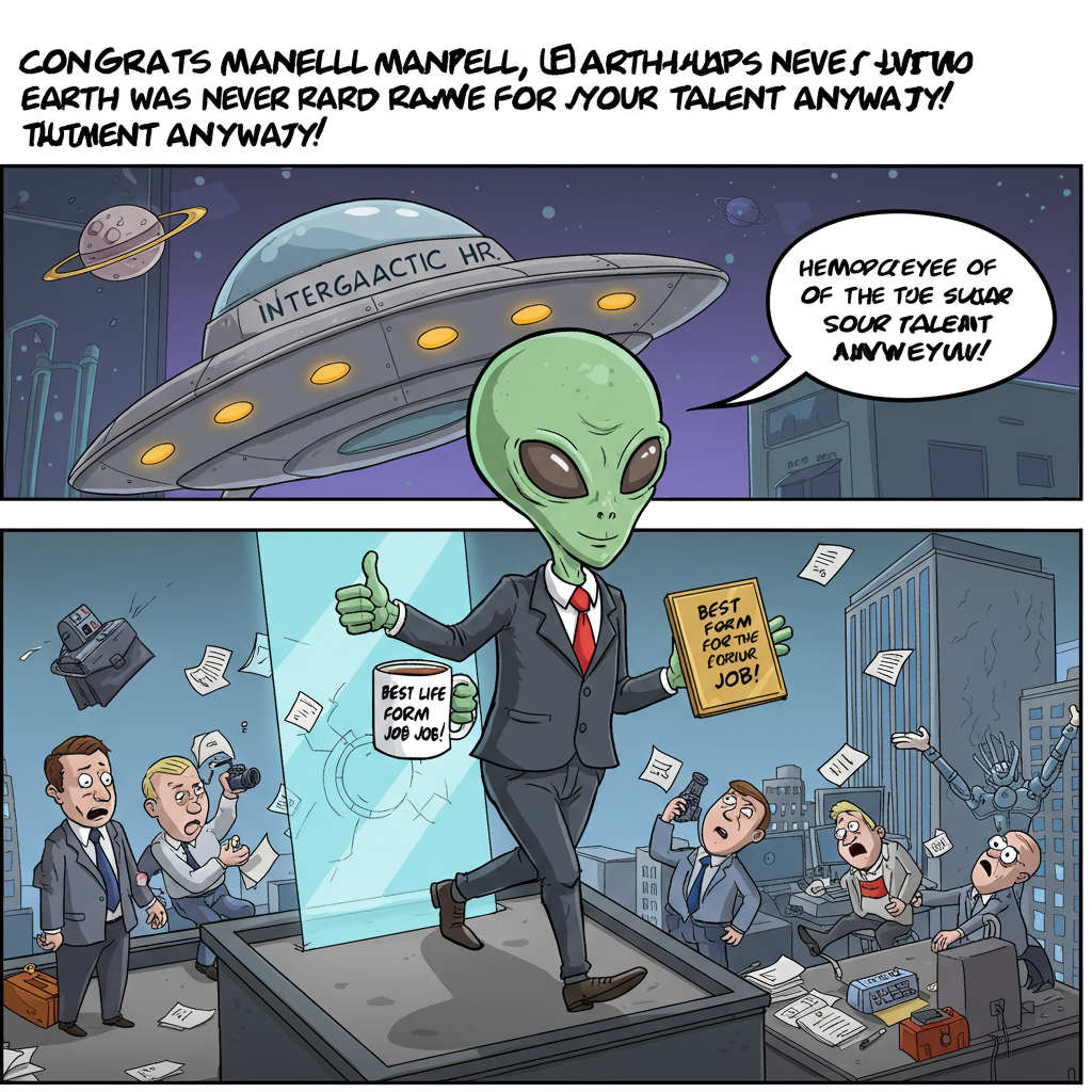 **Prompt for Image Illustration:**

At the top of the illustration image, write:  
**"Congrats Mandell, Earth was never ready for your talent anyway!"**

**Image Description:**  
A quirky cartoon-style alien in a pressed business suit proudly walks out of a flying saucer that has just landed on the rooftop of a corporate office building. The saucer has "INTERGALACTIC HR" written on the side. Behind the alien, tiny Earthling office workers gawk and take photos. The alien clutches a coffee mug that says "Best Life Form for the Job" while giving a confident thumbs up. One Earthling is fainting in the background with papers flying. Add fun sci-fi details like laser briefcases, floating staplers, and an "Employee of the Solar System" plaque being handed to the alien by a robot boss.  

Overall vibe: Playful, bold colors, comic book style, and absolutely full of extraterrestrial silliness.
Generated with these themes: Alien, and New Job.
Made with ❤️ by AI.