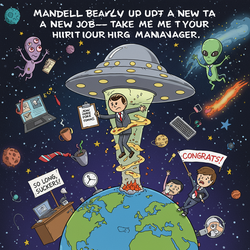 At the top of the illustration image: "Mandell Beamed Up to a New Job—Take Me to Your Hiring Manager!"

**Image Prompt:**  
A hilarious, colorful illustration of Mandell (humanoid figure in a funky business suit) being sucked up into a flying saucer by a cartoonishly silly alien with too many eyes and a clipboard labeled “New Hire Forms.” Around the saucer are job interview paraphernalia floating in space—coffee mugs, a tie, a desk plant, a keyboard with keys flying off. Below, Earth has a sign that reads “So Long, Suckers!” and co-workers waving tearfully while another alien hovers in a mini-ship holding a “Congrats!” banner. Stars, planets shaped like office supplies, and space dust in celebratory colors swirl around to add a festive, outer space vibe.
Generated with these themes: Alien, and New Job.
Made with ❤️ by AI.
