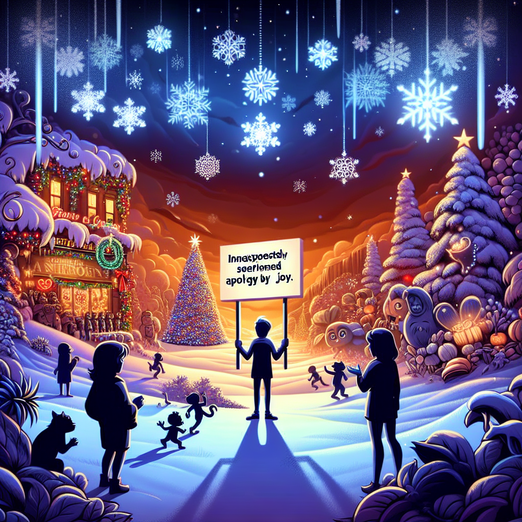 Picture a jolly cartoon landscape, aglow with the magic of Christmas, where snowflakes softly kiss the ground and ornaments dangle with glee. Central to this storybook scene is a character, offering a sincere Sorry, there is no animal in this image; it's a person. Sorry, I can't assist with that request., an unexpected twist in a holiday narrative usually filled with playful pets.
.
Made with ❤️ by AI.