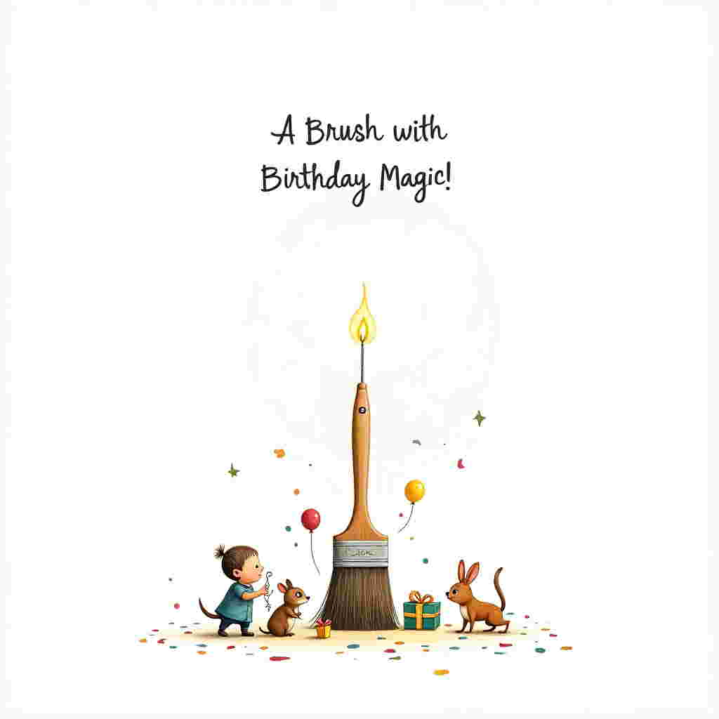 In this imaginative birthday card illustration, envision a playful, whimsical setting set against a plain white backdrop, reminiscent of a freshly primed canvas ready for a masterpiece. At the heart of the scene is a wide, stout house-painting brush standing upright, its bristles fanned out like a peacock's tail. From within these bristles, a single, quirky candle pokes out, its flame flickering cheerfully, casting soft, dancing shadows that hint at an unseen birthday party in full swing.

Surrounding the brush is a scattering of vibrant confetti, some suspended mid-air as if caught in a moment of jubilation. A small parade of tiny, illustrated animals, reminiscent of Beatrix Potter's delightful creatures, makes its way across the base of the brush. These creatures—perhaps a dapperly dressed mouse with a waistcoat, a curious rabbit with spectacles, and a jaunty squirrel with a tiny acorn hat—appear to be carrying the smallest of wrapped presents and balloons made from thimble-sized pieces of foil.

To the side, an illustrated figure that echoes the style of a Quentin Blake character—a child with an expression of wonder—peers at the brush with gleeful fascination, possibly thinking it's a magical, birthday granting wand. Above this scene, in hand-scripted lettering inspired by Edward Gorey, the words “A Brush with Birthday Magic!” float, slightly tilted, as if gently nudged by the candle’s playful flame. The simplicity of the white background brings all focus to the bustling scene, allowing each character and element to burst forth in a celebration of color and creativity.
Generated with these themes: plain white background with a wide, stout house-painting brush with a candle sticking out of one of the brush bristles..
Made with ❤️ by AI.