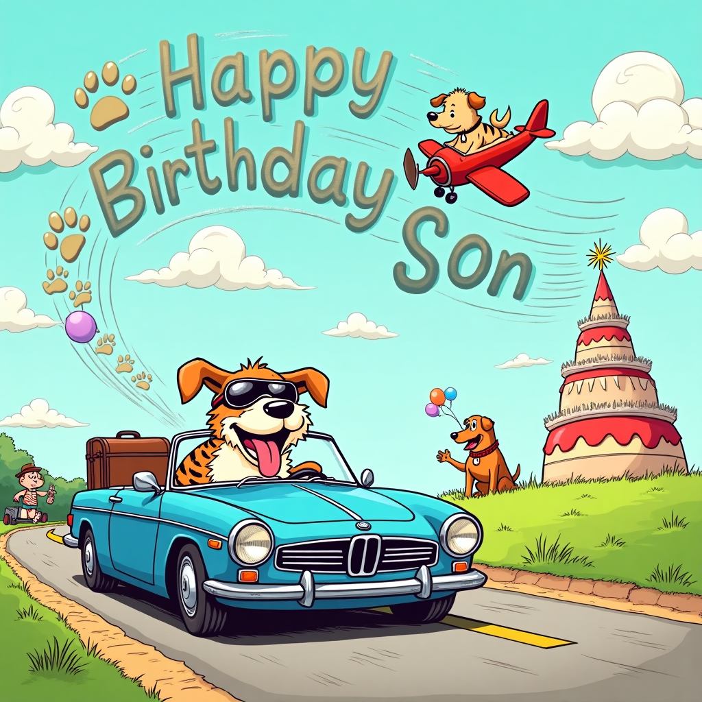 The front cover of the birthday greetings card bursts with vibrant, cartoonish energy, combining a kaleidoscope of whimsical elements inspired by classic comic artists. At the center of the scene is a bright blue BMW convertible, styled with a nod to the sleek yet playful curves of a Peanuts strip. Behind the wheel is an ecstatic dog wearing oversized aviator goggles, reminiscent of Calvin and Hobbes’ adventurous spirit. The dog, with its floppy ears flapping in the wind and tongue joyfully out, drives down a road paved with colorful paw prints that stretch off into the distance.

In the background, a variety of dogs, each with their unique quirks – a tiny dachshund in a captain’s hat, a dignified poodle with a monocle, and a boisterous bulldog with a bandana – are engaged in a lively travel-related pursuit. Some dogs are loading suitcases onto a luggage rack on the BMW, while others are studying a whimsical, oversized map decorated with iconic landmarks like the Eiffel Tower, a pagoda, and a pyramid, each with paw prints meandering between them, hinting at their global escapades.

The sky above is a soft, pastel blue, echoing the gentle tones of Hergé's Tintin adventures, with fluffy clouds shaped like birthday balloons and a jet-stream spelling out "Happy Birthday Son!" in a friendly, bold script that dances across the sky. This playful lettering is formed by a mischievous-looking golden retriever pilot, tail wagging as it soars through the clouds in a small biplane, the propellers spinning with exaggerated cartoon speed lines.

On a grassy roadside, a towering birthday cake stands, whimsically illustrated in a style reminiscent of Winsor McCay’s dreamscapes. The cake is comically adorned with sparklers and has a path of paw prints leading up to it, inviting the recipient, “Son,” to embark on this birthday journey. This scene, filled with movement and imagination, promises a celebratory adventure full of laughter and joy, perfectly capturing the spirit of a travel-themed birthday surprise.
Generated with these themes: Travelling, BMW car blue, Dogs, and .
Made with ❤️ by AI.