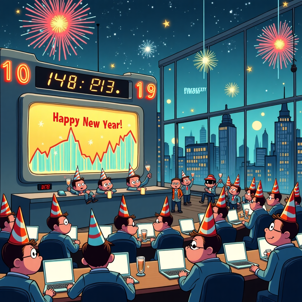 In the cartoon New Year's themed scene, a bustling New Year's Eve party unfolds inside a whimsical stock exchange building shaped like a giant computer screen. The room is a quirky blend of classic stock exchange and futuristic gadgetry. In the foreground, animated stock traders are dressed in suits, but with party hats perched on their heads and noisemakers in their hands. Their eyes are wide, glued to their laptops, each displaying vibrant, fluctuating charts that whimsically transform into fireworks bursting in the shape of dollar signs and rocket ships. The trading floor is decorated with an oversized digital countdown clock, currently at “10”, and underneath it hangs a massive, cheerful banner that reads, “Happy New Year, Blue Bot Elite Traders!” The banner is adorned with illustrations of robots clinking champagne glasses, symbolizing the recipient’s name in a playful, celebratory manner. In the background, through the panoramic windows, a cartoon city skyline is visible, where the buildings are humorously shaped like graphs and candlesticks, symbolizing market trends. The sky is a tapestry of colors, exploding with fireworks, and amidst the fireworks, twinkling stars spell out “Prosperity Ahead!” in a nod to the financial theme. The scene is bustling with energy, yet each detail has a humorous touch reminiscent of a Charles Schulz or Gary Larson illustration, bringing a smile with its clever blend of finance and festivity.
Generated with these themes: Stock traders laptops with charts.
Made with ❤️ by AI.