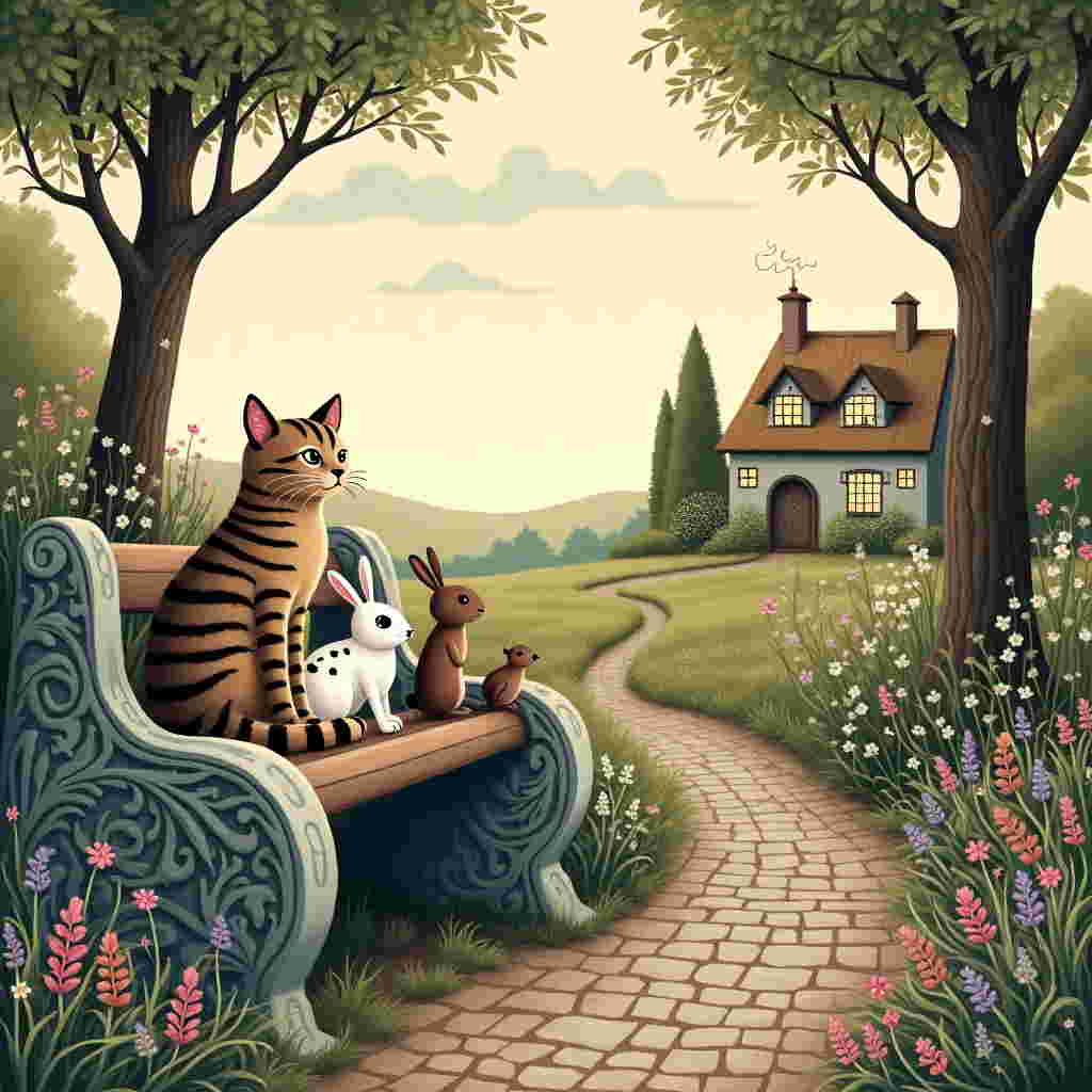The scene is a serene garden setting, with delicate and intricate details that convey a sense of quiet reflection. In the foreground, a graceful tabby cat with soft stripes and a gentle, watchful gaze is seated atop a carved stone bench. The bench is adorned with ornate ivy and vine patterns reminiscent of Beardsley's delicate linework.

Around the cat, a gathering of small woodland animals sit or stand quietly, each detailed with precision akin to Rackham's work. A pair of rabbits, one white with black spots and the other a deep, earthy brown, nestle close together, their ears perked attentively. Nearby, a small, delicate sparrow is perched on the bench's armrest, its feathers meticulously detailed, catching the sunlight.

Behind the bench, a lush tapestry of wildflowers and ferns fills the background, painted in soft, pastel hues – lavenders, dusty pinks, and pale yellows. These colors fade into a serene, twilight sky, where the name "Ruth" appears subtly in the clouds, formed by wispy cirrus that resemble brushstrokes across the canvas.

A cobblestone path, reminiscent of a Sendak or Gorey illustration with its meticulous texturing, winds its way through the garden, leading the eye deeper into the scene where tall, elegant trees frame the horizon. Their trunks are gnarled and twisting, with branches that stretch gracefully outward, creating an arch over the scene.

In the distant background, a small, quaint cottage peeks through the trees, its windows softly glowing with a warm, inviting light. The cottage's roof is thatched, adding a rustic touch, with smoke gently wafting from a small chimney, diffusing into the evening sky.

This card captures a moment of tranquil gathering in nature, with an understated yet rich attention to detail, each element harmoniously balancing the overall composition.
Generated with these themes: With a cat and friends.
Made with ❤️ by AI.