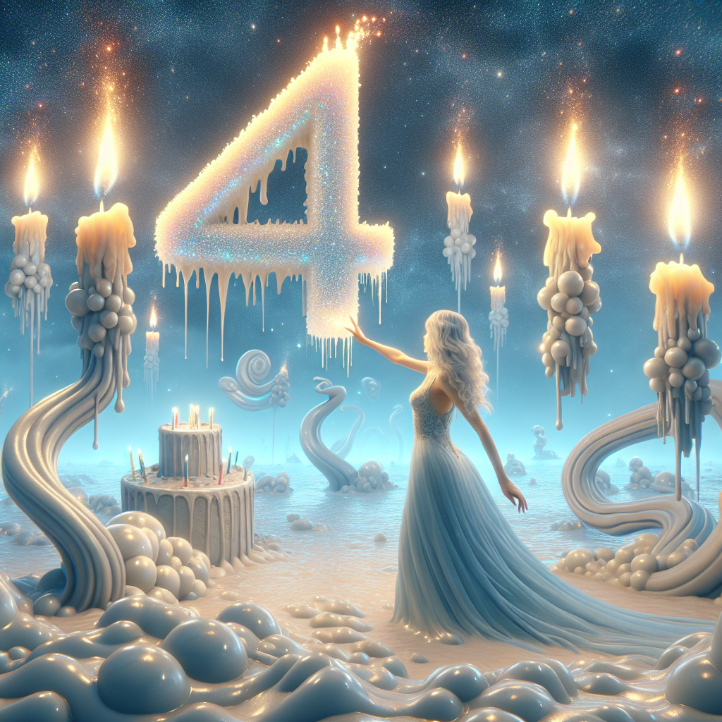 Visualize a birthday-themed dreamlike universe. A woman with pale blonde hair and a light blue gown appears as if emerging from the dream, her hand extended towards a floating, twinkling number '4' that appears made out of glistening, viscous substance. The background is a vast open space dotted with colossal, floating birthday candles that melt and drip with radiant wax, twisting and curling in surreal forms. Enigmatic, luminescent beings that resemble party guests watch the woman from afar, contributing a supernatural allure to the celebration.
Generated with these themes: Elsa 4 slime.
Made with ❤️ by AI.