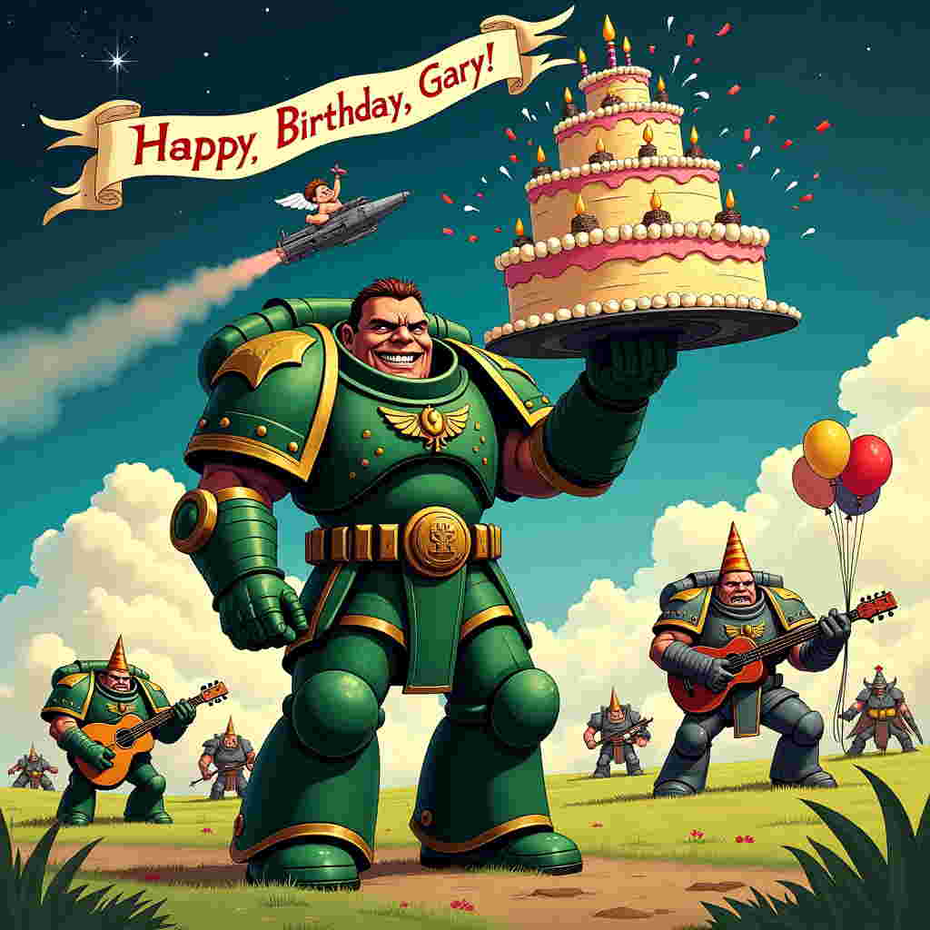 In the foreground of the greeting card, a jubilant Space Marine clad in the unmistakable deep green armor of the Dark Angels stands center stage, holding a large, festively decorated birthday cake. The cake is an epic tiered structure shaped like the mighty fortress-monastery of the Dark Angels, the "Rock." Intricate details like miniature turrets and tiny Space Marine figurines adorn each level, with candles flickering brightly at the top. The Space Marine has a wide, playful grin that reflects a comic twist, with one eye humorously squinting as he balances the cake on one armored hand.

Surrounding him, a vibrant cast of quirky, cartoonish Orks dressed in party hats and wielding confetti launchers, join the celebration, their usual menacing demeanor swapped for an exaggerated, goofy charm. One Ork even plays a guitar with an oversized smile, serenading the scene in an unexpected intergalactic rendition of "Happy Birthday."

Behind them, a banner unfurls across the sky, crafted from the billowing contrails of an Imperial spacecraft soaring overhead. In large, bold letters, the message reads, "Happy Birthday, Gary!" with a cheeky cherub riding a miniature Thunderhawk gunship darting through the clouds, adding a dash of whimsy reminiscent of Winsor McCay’s playful dreamscapes.

The landscape is a mix of celestial wonder, with vibrant, swirling galaxies dotting the sky and a horizon blending from deep space to the lush greenery of an idyllic meadow where the celebration takes place. Nearby, a few Necron warriors can be spotted, somewhat begrudgingly holding balloons, their faces etched with comic exasperation as they join in on the festivities.

This colorful tableau combines elements from Warhammer 40,000 with the classic charm and humor of beloved cartoonists, creating a uniquely entertaining birthday scene for Gary.
Generated with these themes: Warhammer 40,000, and Dark angels .
Made with ❤️ by AI.