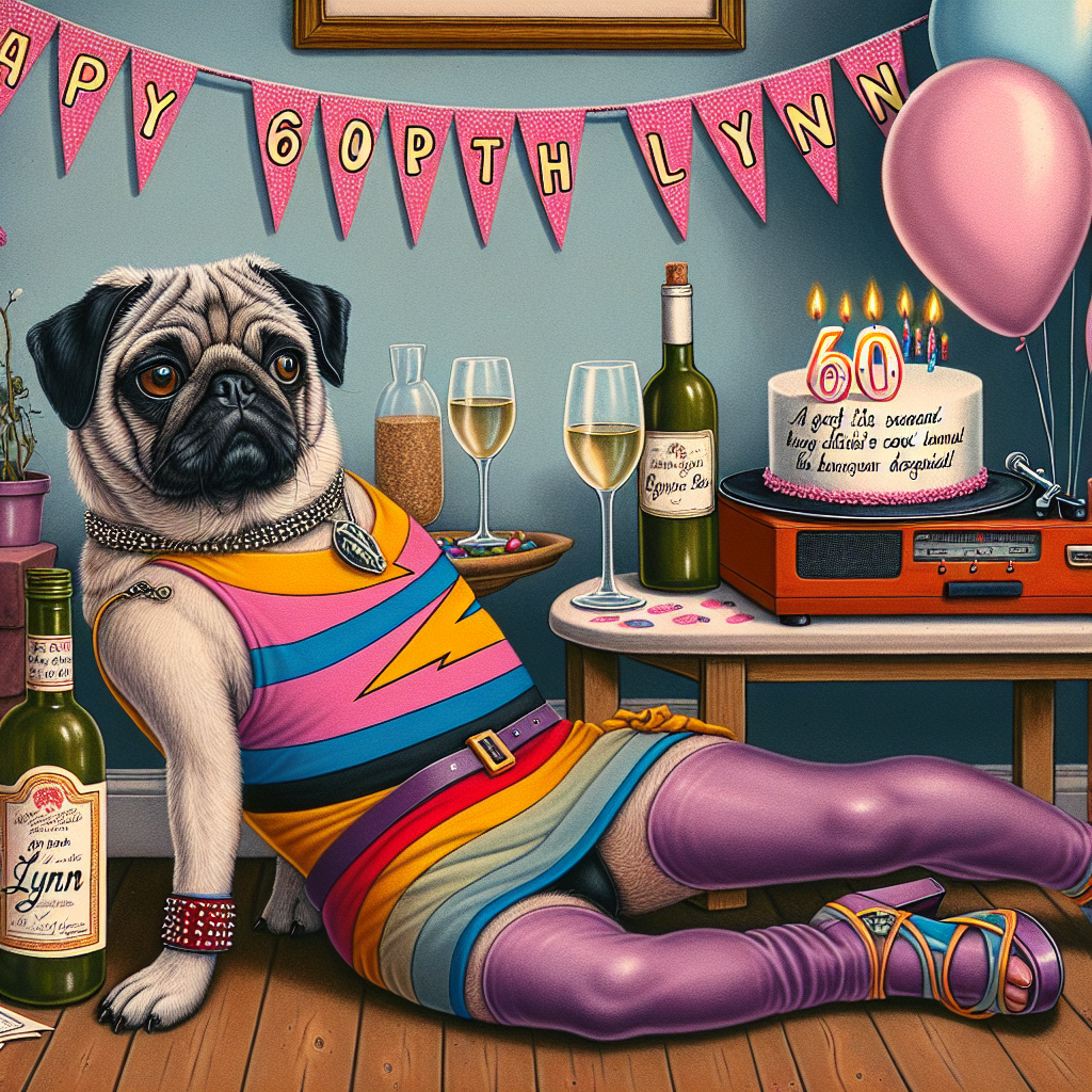 Illustrate a touching domestic scene for the 60th birthday of a woman named Lynn. Features a pug dressed in an androgynous, colorful 1970s rock-inspired outfit reminiscent of a certain glam rock icon, lounging next to a bottle of white wine. The room is festively decorated with birthday banners, and an iconic lightning bolt symbol, often associated with rock culture, adorns the wall as an tribute. A vintage record player exudes nostalgia, spinning records which we can assume are playing classic rock tunes. Pastel balloons bob around, and a cake displaying the warm wish of 'Happy 60th Lynn' adds to the celebratory atmosphere.
Generated with these themes: White wine , Pug , Ziggy Stardust , David bowie , and 60th Birthday Lynn .
Made with ❤️ by AI.