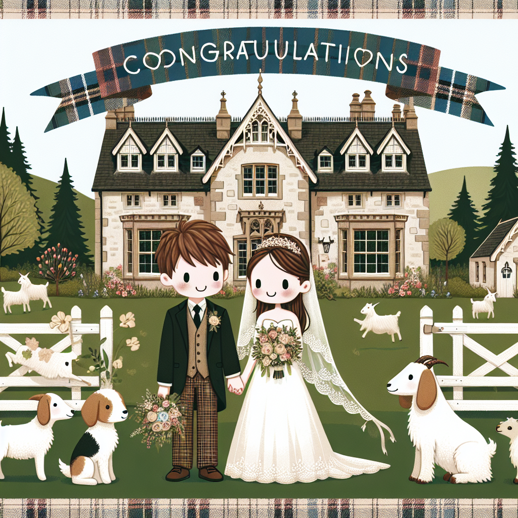 A white couple with brown hair stood in front of a large country house, there are dogs and goats surrounding them, there is a Congratulations banner and tartan print Wedding Card