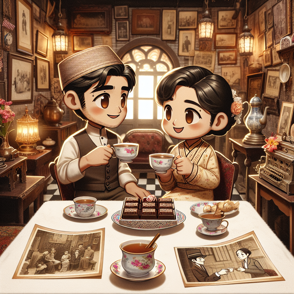Imagine a quaint historical tearoom filled with warm, nostalgic charm. An Asian male and a Middle-Eastern female in lovable cartoon style are celebrating their anniversary, surrounded by antique items and old sepia photographs depicting various moments from their journey together. On their table, there's a box of exquisite chocolates, expressing the sweetness and intensity of their bond. They raise their tea cups, clinking them gently in a heartfelt toast to their shared memories and everlasting love.
Generated with these themes: History, Tea, and Chocolate.
Made with ❤️ by AI.