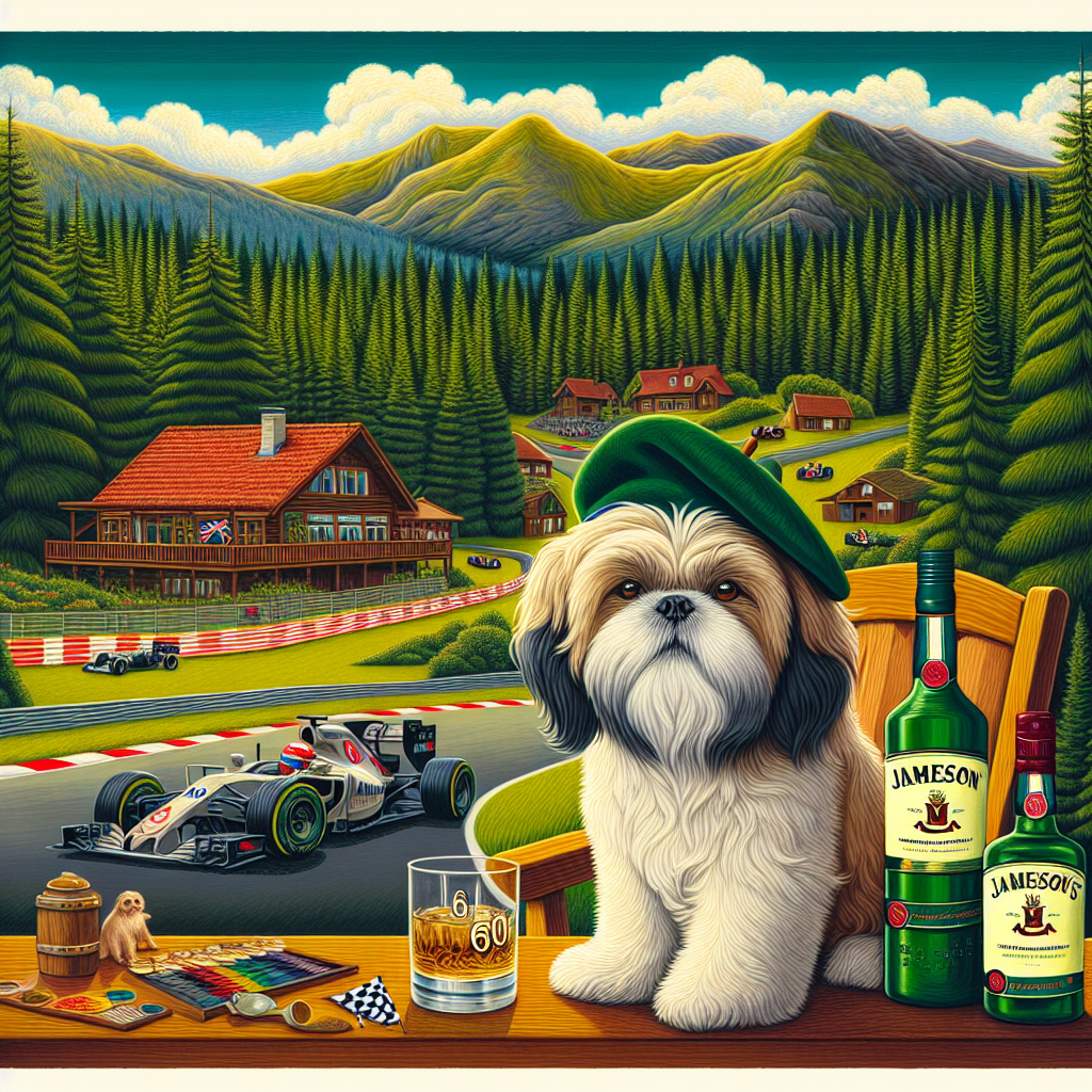 Create a lively 60th birthday themed illustration featuring an enthusiast of Formula One racing and nature. The foreground showcases a white and beige Shitzhu, donning a small beret of Royal Marine green, seated in a position of pride. It's set amidst a rich forestry that seamlessly merges into tall mountains in the backdrop. A racetrack twists and turns amid the dense woodland, with Formula One cars moving at a fast pace. Nestled among the spruce trees lies a snug cabin with an inviting porch. A bottle of Jameson's Whiskey is perched on a quaint table, ready to be savored.
Generated with these themes: 60th Birthday Husband, Formula one, Forest, Mountains, Jameson’s Whiskey bottle, Royal Marine Green beret, and White/beige Shitzhu.
Made with ❤️ by AI.