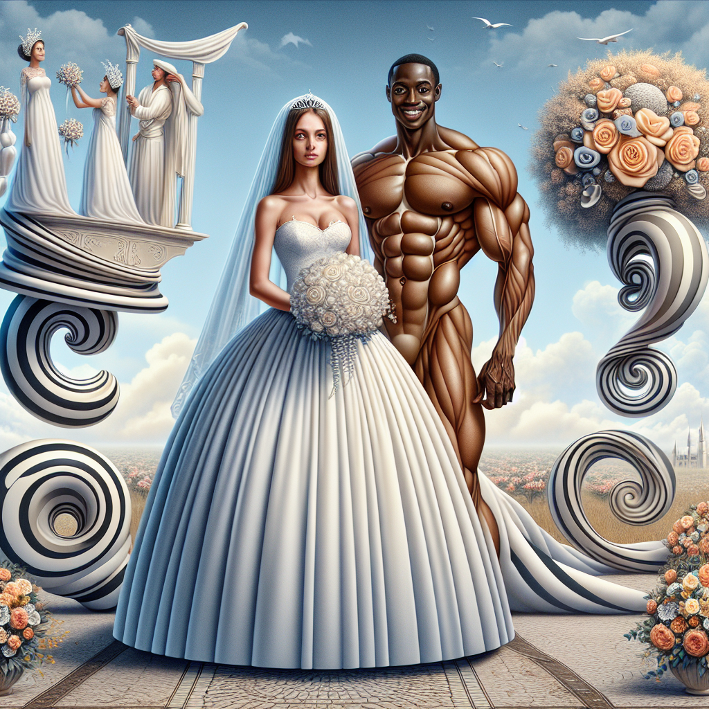 Surreal wedding-themed artwork unfolds an unconventional love story in illustrations. Central to the image, a petite, doe-eyed bride, a Caucasian woman in a traditional white gown absolute with its virgin innocence stands next to her groom, a Black man showcasing exaggerated muscles, golden tan, standing shirtless with a smile radiating immense confidence. The backdrop is a whimsical landscape where the mundane transforms into remarkable with levitating entities; gravity is defied by a floating bridal bouquet and spiraling decorative elements adorning the scene with a sense of effortlessness and style.
Generated with these themes: Bodybuilder, Tannned man, Shirtless, and Cute bride.
Made with ❤️ by AI.