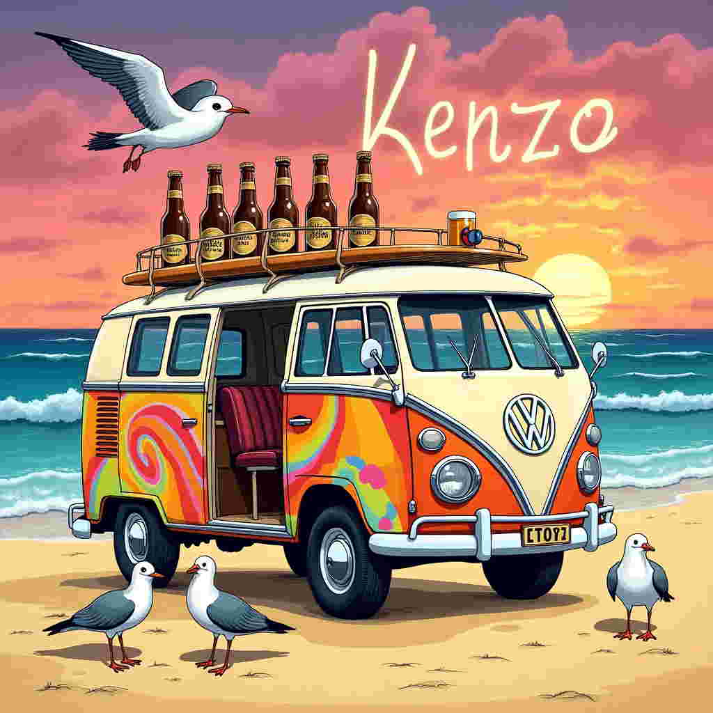 In the foreground of this quirky sympathy card illustration, envision a vintage Volkswagen bus parked at a beach with its door wide open, acting as an impromptu bar. Its colorful, retro design, reminiscent of 1960s surf culture, is adorned with bright psychedelic patterns and a bold bumper sticker that reads "Keep On Rollin'." The top of the bus has been transformed into a makeshift surfboard rack, but instead of surfboards, it holds giant bottles of beer, each labeled with witty names like "Beach Brew" and "Tidal Ale." On the sandy ground next to the bus, a pair of oversized sunglasses rest haphazardly, their lenses reflecting the shimmering ocean waves.

A small group of seagulls, drawn in the whimsical style of Quentin Blake, are gathered around, looking curiously at the scene. One particularly cheeky gull is perched atop the VW bus, wearing a tiny pair of sunglasses and sipping from a tiny beer mug. The backdrop of the scene is a dazzling sunset, with vivid hues of pink, orange, and purple blending into each other like a Maxfield Parrish painting. Above it all, the sky features fluffy clouds, and among them, the name "Kenzo" is cleverly spelled out in a skywriting style, as if a passing plane had left a message just for him. This quirky tableau captures a lighthearted and imaginative twist on a sympathy card, blending humor and heartfelt sentiment with creative storytelling.
Generated with these themes: Volkswagen, Beer, and Sunglasses.
Made with ❤️ by AI.