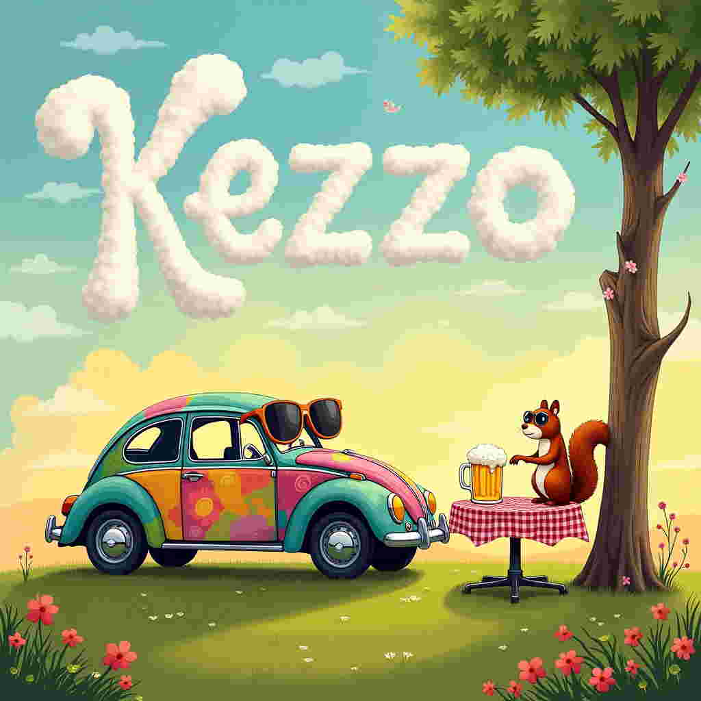 In a whimsical and slightly surreal landscape, a classic Volkswagen Beetle, painted in a patchwork of vibrant colors reminiscent of a 1960s flower power era, is parked on a grassy hill. Its windows are humorously replaced with oversized sunglasses, giving it a playful, anthropomorphic look as though it's enjoying a sunny day. Next to the Beetle, a small round table covered with a red-and-white checkered tablecloth is set up picnic-style. On the table sits a single, comically large beer mug with froth spilling over its brim, bubbles drawn with intricate care to resemble tiny hot air balloons floating upward. Leaning casually against the table is a cartoonishly plump and cheerful squirrel wearing a miniature version of the sunglasses, holding a tiny acorn beer mug in one paw. Above this amusing scene, fluffy white clouds in the sky have magically arranged themselves to spell out "Kenzo" in cursive letters, as though the universe itself is offering a personal touch of comfort. Scattered around the scene are elements inspired by classic illustrators, like finely detailed wildflowers reminiscent of Beatrix Potter’s nature scenes, a mischievous shadowy figure peeking from behind the tree a la Edward Gorey, and the soft, glowing hues of a Maxfield Parrish sunset painting the horizon. The combination of these whimsical elements tells a story of gentle humor and comfort, uniquely tying together Volkswagen, beer, and sunglasses into a sympathy card unlike any other.
Generated with these themes: Volkswagen, Beer, and Sunglasses.
Made with ❤️ by AI.