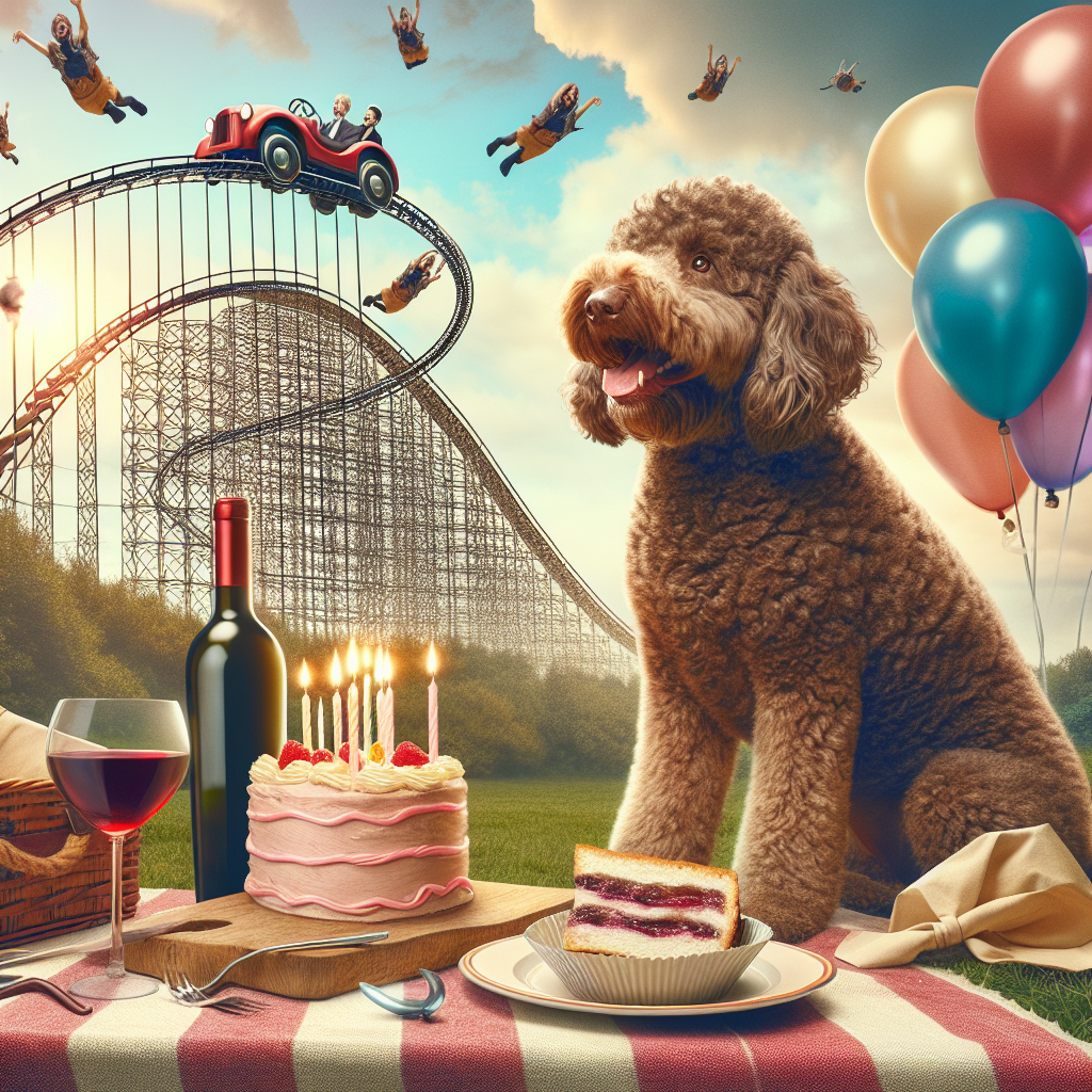Create an enchanting image illustrating a birthday celebration. At the center should be a jovial brown labradoodle occupied in preparing a delicious birthday meal. The background should feature an imaginative rollercoaster ride soaring skyward, amidst a sky speckled with balloons. On an adjacent picnic blanket, place a bottle of red wine with a filled glass. Instead of specific music, capture an ambiance suggesting harmonious melodies floating gently through the air.
Generated with these themes: Brown labradoodle, Cooking, Rollercoasters, Red wine, and Barry manilow.
Made with ❤️ by AI.