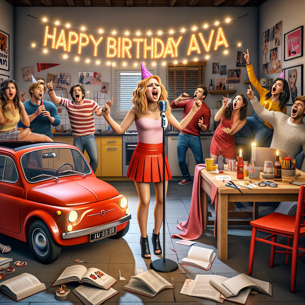 A lively and humorous birthday scene in a cozy student apartment. The star of the show is a 19-year-old caucasian girl with blonde hair executing a musical theater performance in her own living space. University textbooks and a quaint kitchenette serve as the set, she sings passionately to her audience of enthusiastic friends. A twinkling 'Happy Birthday Ava' sign hangs above, complemented by a playful caricature of a recognizable pop star, creatively included into the set design. In the foreground, a vibrant red car suggestive of a Fiat 500 stands ready like an escape vehicle for Ava's next adventure. This image is completed by the presence of her favorite animation characters, all wearing party hats and blowing horns.
Generated with these themes: 19 year old blonde haired girl singer doing musical theatre on a stage in a student flat, Happy Birthday Ava sign, Harry Styles, University, and Red fiat 500 car.
Made with ❤️ by AI.