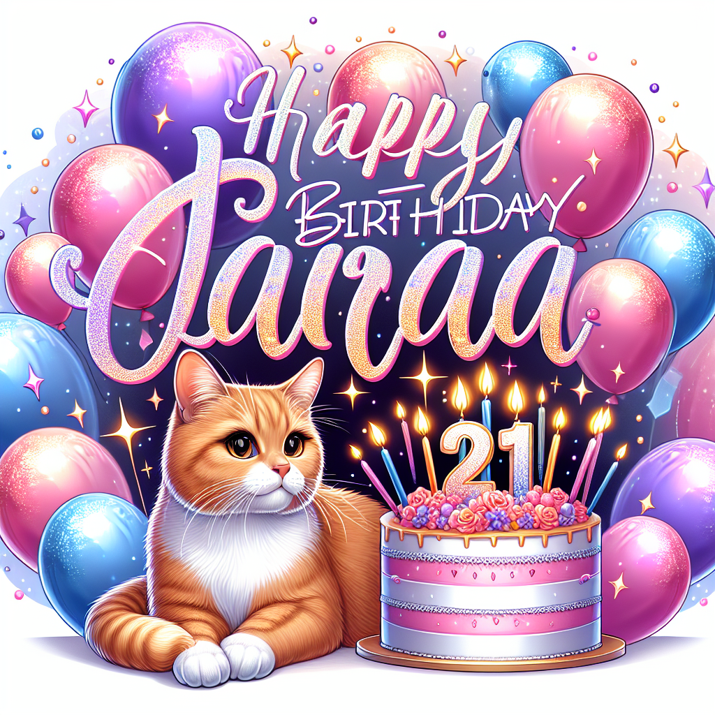 Create a visually pleasing cartoon-style illustration celebrating a birthday. It features a ginger domestic shorthair cat sitting elegantly next to a birthday cake. This cake is decorated with the number '21', and radiant candles surround it. Above, the phrase 'Happy Birthday Lara' shines in an impeccable and glittery font against a background filled with balloons. These balloons dance in a mixture of pink, purple, and blue shades and are dotted with shiny glitter, spreading an atmosphere of festivity and delight.
Generated with these themes: A fully ginger domestic shorthair cat sat next to a birthday cake. The birthday cake has the number 21 on top of the cake. There are candles on top of the cake. Above the cat and cake reads Happy Birthday Lara. There are balloons in the background, and the colour theme is pink, purple, blue with glitter. Make sure you double check for spelling errors. Make sure you check for an errors in the design. Make sure you check for any font errors..
Made with ❤️ by AI.