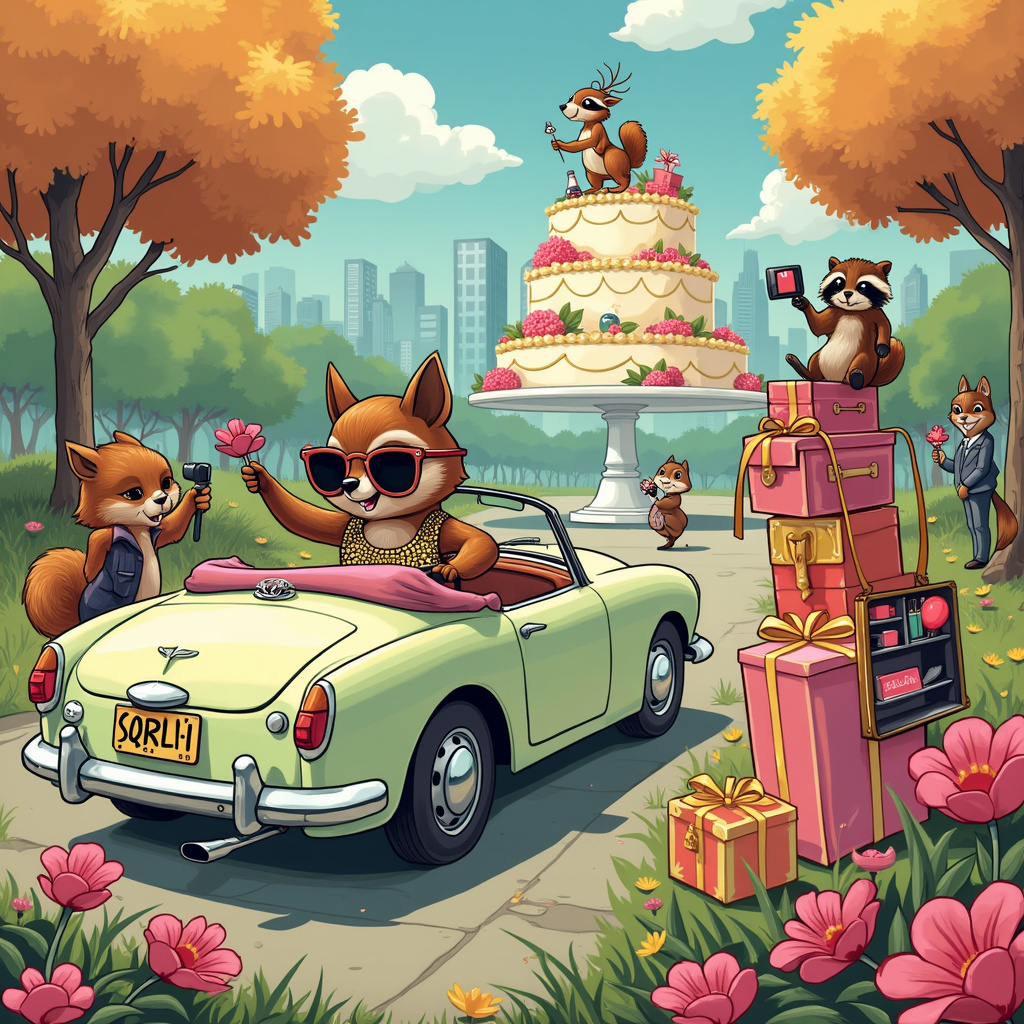 In the bustling middle of a vibrant city park, the scene is set for a hilariously chaotic birthday adventure! Imagine the cartoonish charm of Charles Schulz's Peanuts with the whimsy of Calvin and Hobbes. 

At the center, a fashionably-dressed squirrel wearing oversized designer sunglasses and a flamboyant hat is driving a miniature, pastel-colored convertible car. The car's tiny license plate reads "SQRLL-1." This squirrel is steering with one paw while checking her lipstick in the rearview mirror with the other, her handbag - a mini Louis Vuitton, no less - is hanging from the gear stick. 

In the background, towering over the scene like the skyscrapers in Winsor McCay's Little Nemo, there is an enormous birthday cake shaped like a giant iPhone, complete with apps that are actually frosted decorations. The apps on the cake have fun, birthday-themed names like "CakeBook" and "InstaGift."

On one side of the scene, a group of stylishly dressed woodland creatures are engaged in a photo shoot. A deer is snapping pictures with an oversized, vintage camera while a raccoon strikes a pose, flaunting a sparkling sequined dress that would make any fashionista green with envy. The raccoon clutches a tiny, designer handbag that’s unmistakably Chanel, complete with the iconic double-C logo.

Nearby, a flock of birds hovers around an open makeup kit that's inexplicably suspended in mid-air, as though borrowed from Art Spiegelman's imaginative framing techniques. They are holding brushes and applicators in their beaks, applying makeup to one another with great concentration.

Adding to the lively chaos, a chipmunk dressed in a chic blazer is balancing on a stack of brightly wrapped presents, one of which has spilled open to reveal a brand new iPhone with a birthday-themed case. The chipmunk appears to be attempting to take a selfie, looking at the screen with intense focus.

Surrounding this central action are the park’s other quirky details: flowers shaped like handbags bloom vibrantly, and park benches are adorned with scattered makeup brushes and compact mirrors.

All of this is tied together with a banner above the scene, strung between two towering trees, reading "Happy Birthday!" in glittering letters that shimmer with every gust of wind. It’s a scene bursting with whimsy, fashion, and birthday cheer, where makeup, driving, fashion, designer handbags, and iPhones all collide in the most delightfully unexpected way.
Generated with these themes: Make-up , Driving, Fasion, Designer handbags, and IPhones .
Made with ❤️ by AI.