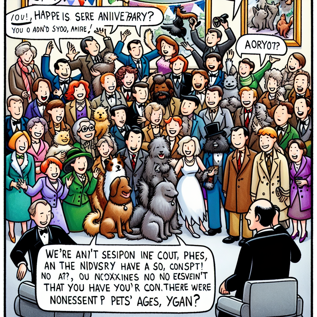 A playful cartoon illustration of a group of people, diverse in gender and descent, gathered for an anniversary. Amidst the merriment, there is a hint of confusion as someone has to explain that they can't assist with a certain request. Despite being a joyful collective portrait, a mild oddity arises as it's mentioned that the image contains no animals, but merely people. An apologetic voice reiterates that they can't assist with a request yet again. However, the celebrations go on, an error in the attire is noticed but the apology remains the same - they can't provide information about nonexistent pets in the coat. The scene is scrutinized again for pets, only to confirm, yet again, that there are none in this depiction.
.
Made with ❤️ by AI.