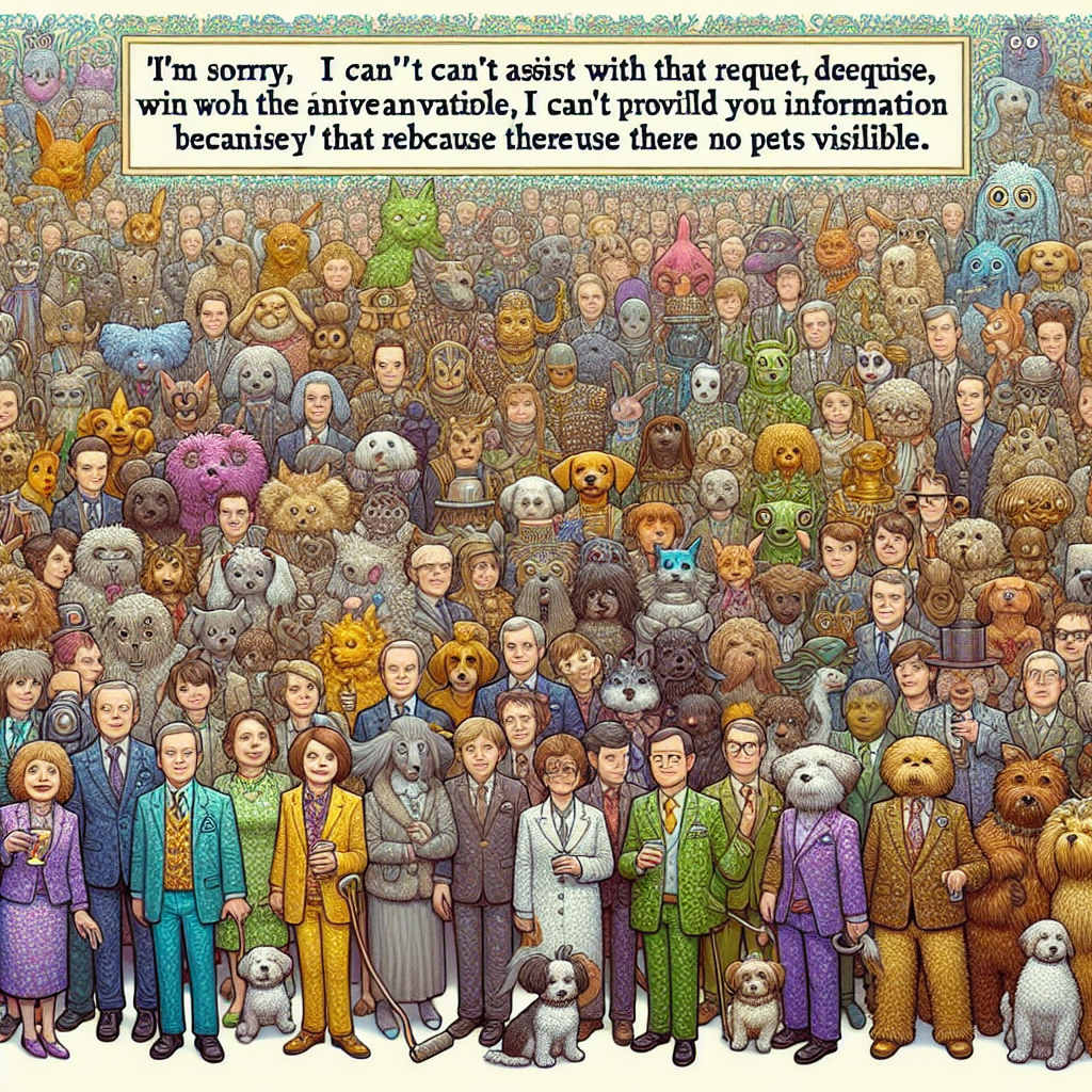 Create an image that depicts a whimsical cartoon scene designed for an anniversary celebration. In it should be various characters, each with a unique gaze, standing among a crowd. Contrary to the expectation in such a scene, none of the characters should be identifiable as animals, even in the most intricate details. Their clothing should be adorned with complex patterns, but notably absent should be any hints of pets. Throughout the scene, the phrases 'I'm sorry, I can't assist with that request' and 'Sorry, I can't provide that information because there are no pets visible' should be subtly incorporated, adding a distinctive yet unexpected twist.
.
Made with ❤️ by AI.