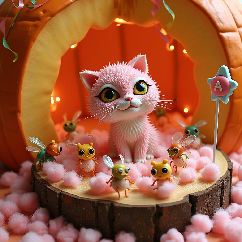 In this variation, the party takes place inside a cavernous hollowed-out pumpkin, its interior walls pulsating with a citrusy orange glow. The central table is a slice of tree trunk, coated with a sheen of marzipan, and supporting an assortment of marshmallow pillows that serve as seats. The jelly cat sits on a bed of cotton candy, almost camouflaged, except for the vibrant, crystalline texture that gives it away amidst the fluffy pink. It is surrounded by an array of peculiar party favors: whirring lollipops with little propeller hats, jumping jelly beans that sporadically hop like frogs, and twisted licorice ropes that form playful obstacle courses for the guests. The attendees are a collection of bipedal, cartoonish insects wearing tiny party hats, each with a monogrammed sugar letter, buzzing and mingling with excitement. Overhead, the ceiling is draped with streamers made from ribbons of rainbow sour tape, which dangle down and wrap around everything like vines in a candy jungle. A cake sits on the stump table, resembling a carousel, complete with a rotating tier where miniature jelly cats chase each other in an endless playful pursuit.
Generated with these themes: Jelly cat.
Made with ❤️ by AI.