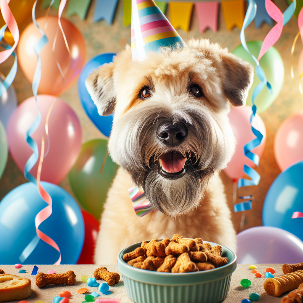 Depict a joyful celebration scene of a dog's birthday. At the center is a soft-coated Wheaten Terrier, known for its distinct beige coat with darker hues around its muzzle, and its expressive brown eyes that sparkle with eager anticipation. The dog seems to beam with a smile under a multicolored party hat. Surrounding this delightful scene are floating streamers and balloons in mild pastel colors dancing in the air. A well-placed bowl filled with gourmet dog treats awaits nearby, prepared for the grand birthday feast.
.
Made with ❤️ by AI.