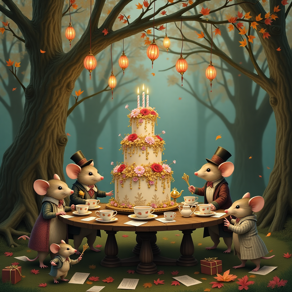 In the heart of an enchanted, misty woodland, a whimsical tea party is unfolding. Picture a clearing surrounded by ancient trees whose gnarled branches weave an intricate canopy overhead. In the center of this natural cathedral stands a quaint wooden table, elegantly set with mismatched yet charmingly ornate porcelain teacups and saucers. Each teacup is embellished with gold filigree, reminiscent of Victorian elegance, nodding to Beardsley's intricate patterns. Around the table, a gathering of nattily dressed mice host this peculiar birthday soiree. Each mouse wears period attire, such as waistcoats, cravats, and top hats, perhaps even a monocle or two, echoing Rackham's anthropomorphic creatures.

The centerpiece of the table is a towering cake, whimsically tilted like a toppling tower of pastels and gold leaf, with delicate sugar flowers cascading down its sides. Mice scramble up the layers, playfully positioning birthday candles made from thin, twisting twigs, their tiny faces lit with anticipation. Suspended above the table, strands of dainty lanterns made from vibrant autumn leaves, glow with a soft luminescence, casting a gentle light reminiscent of Parrish's dreamy landscapes.

Nestled amongst the roots of a large oak tree is an old gramophone, its brass horn glinting in the filtered sunlight, providing an imagined melody to this charming gathering. Scattered across the forest floor are intricately illustrated invitations, fluttering like fallen leaves, their parchment corners delicately curled. Nearby, a mouse holding an ornate quill is jotting down notes, perhaps sending birthday wishes to woodland friends far and wide. In the background, a small procession of other forest creatures—hedgehogs in velvet capes, rabbits with feathered hats—approach, bearing gifts wrapped in leaves and twine, reminiscent of Wyeth's vivid storytelling. Each element of the scene intricately weaves a tapestry of celebration and timeless elegance, a scene that is as endearing as it is enchanting.
Generated with these themes: Birthday party woods tea party mice olden fancy.
Made with ❤️ by AI.