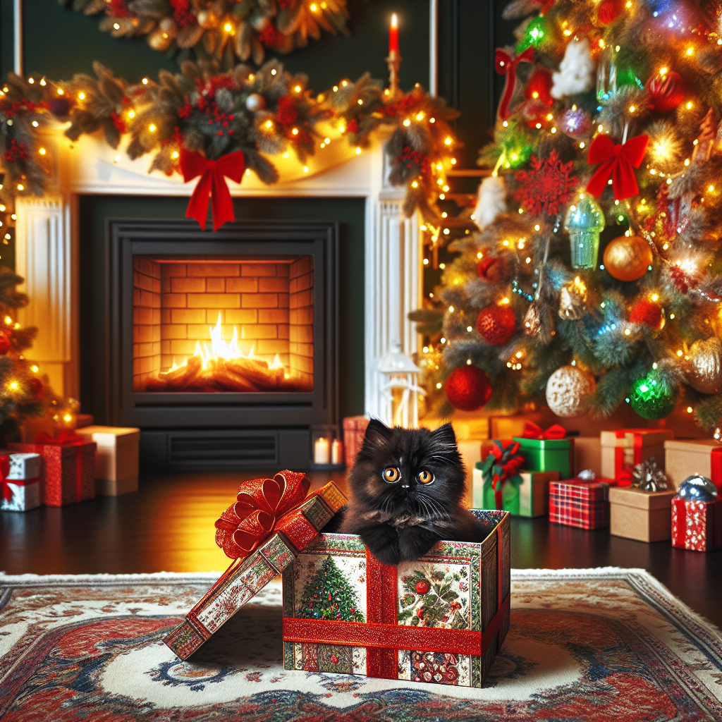 The scene features a cozy Christmas living room with a roaring fireplace. In the center, a plump black Exotic Shorthair kitten with captivating amber eyes gazes playfully at the viewer from inside a gift box adorned with a big red bow. Festive garlands and a trimmed Christmas tree with glowing lights provide a warm, merry atmosphere.
.
Made with ❤️ by AI.