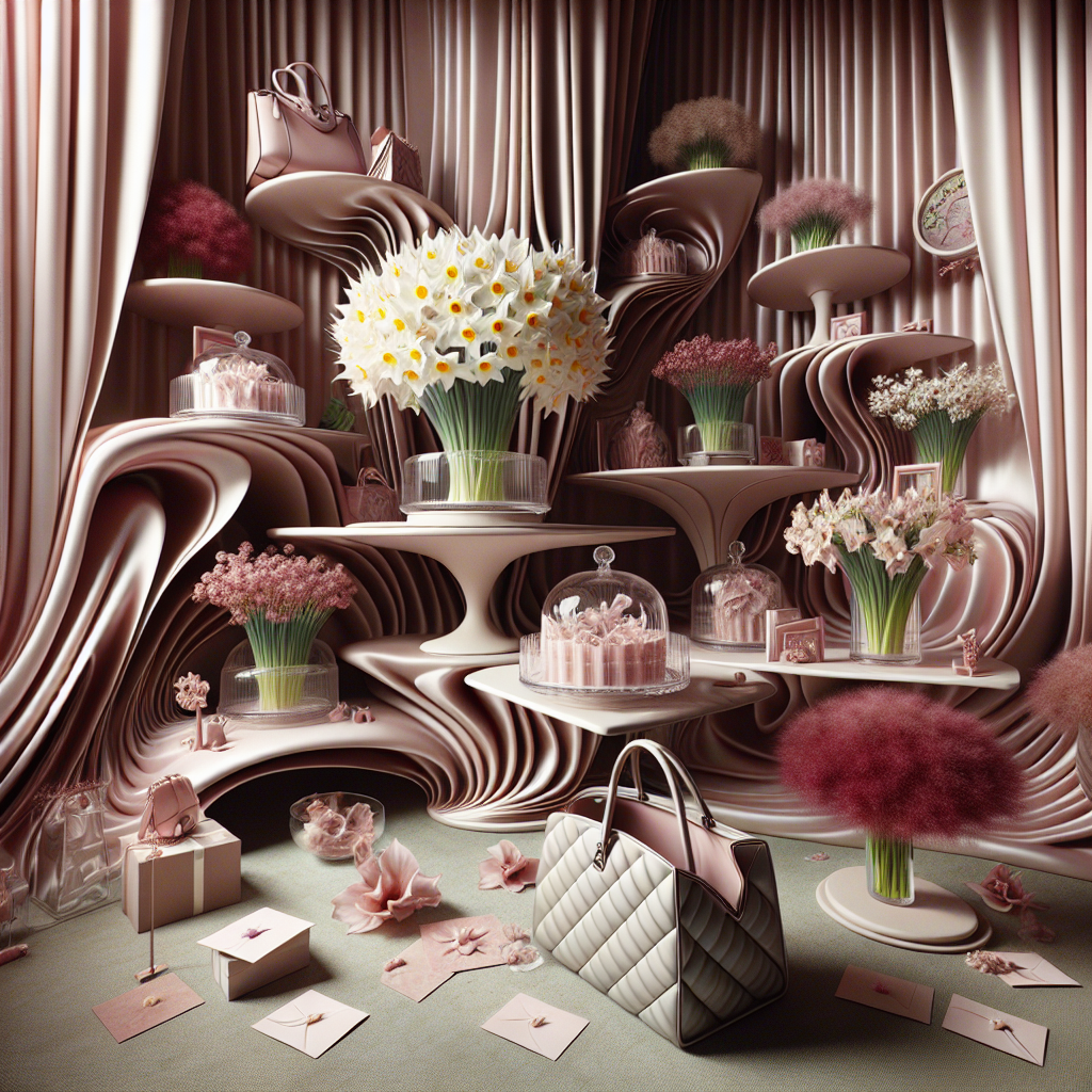 Envision a room draped in ethereal silk walls. Shelves sculpted into fantastical shapes unfurling and contracting in unimaginable formations adorn the room, each hosting a variation of glass cake stands. Each stand beholds a tranquil meadow of daffodils, emblematic of rejuvenation and motherhood's nurturing essence. A sprinkle of Sweet williams contributes playful, rich hues of pink and crimson to the surreal spectacle. Scattered gracefully among this scene, greeting cards bearing heartfelt sentiments stir gently in a phantom breeze. Amidst the mélange, luxurious handbags hang, their opulence seamlessly entwined within the tapestry of this Mother's Day fantasy.
Generated with these themes: Glass cake stands on shelves, Daffodils , Sweet williams, Cards, and Designer handbags .
Made with ❤️ by AI.