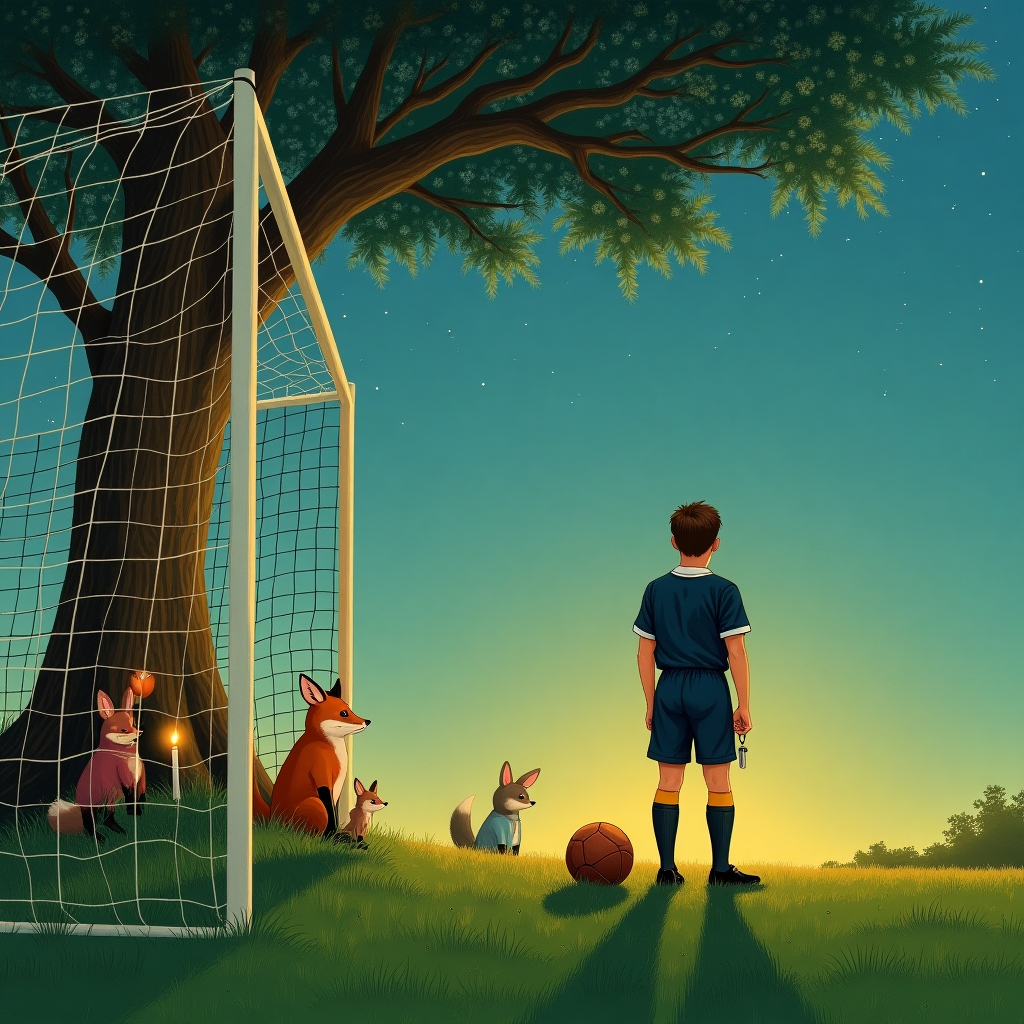 On the front cover of this birthday greeting card, picture a scene set on a beautifully rendered football pitch at dusk, where the sun’s last golden rays cast long shadows on the vibrant green turf. In the foreground, a young footballer stands poised, his silhouette capturing a moment of quiet reflection. He is depicted wearing a vintage football kit reminiscent of the 1930s, inspired by the timelessness of Rockwell's character portrayals. His shirt is a deep navy with a wide white collar, and his shorts are a classic high-waisted cut, hinting at an era where the game was as much about style as skill.

Beside him, the football sits nestled gently in the grass, its leather panels visibly worn and scuffed, telling tales of past games. Around his neck, a simple silver whistle hangs, hinting at a dual role of player and referee, drawing a parallel to Beatrix Potter’s anthropomorphic storytelling. In the background, barely discernible, are faint outlines of whimsical creatures, inspired by Sendak’s ability to blend reality with fantasy. These creatures, half-hiding behind the shadows of the goalposts, subtly resemble foxes dressed in little jerseys and rabbits in goalie gloves, adding a touch of mischievous charm to the scene.

Above, the sky is a deepening indigo with a smattering of twinkling stars starting to peek through, reminiscent of Maxfield Parrish’s enchanting skies. A grand, old oak tree frames the left side of the card, its gnarled branches extending protectively over the pitch. Tucked amongst its roots are small, vintage birthday candles glowing gently, reminiscent of Arthur Rackham’s integration of organic elements into his works. They illuminate the scene just enough to draw the eye to their delicate flicker, each representing a year gone by and another yet to come. This intricate combination of elements tells a story of time, growth, and the unique magic of birthdays, infused with the joy and nostalgia of football.
Generated with these themes: Footballer.
Made with ❤️ by AI.