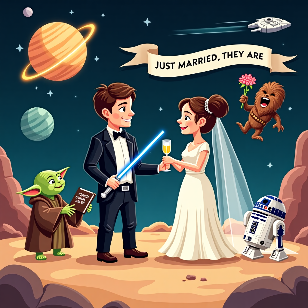**Prompt:**  
At the top of the vector image, “Alie & Griffin – May the Matrimony Be With You!”  

Create a colorful, humorous vector-style image of a wedding scene on a distant galaxy planet. Alie and Griffin are dressed in Star Wars-inspired wedding outfits—Griffin as Han Solo in a tux, and Alie as Princess Leia with a bridal twist (Leia buns and veil). They’re exchanging lightsabers instead of rings, while Yoda acts as the officiant, holding a “Joined, You Are” book. In the background, R2-D2 is serving champagne flutes and Chewbacca is catching the bouquet with a big happy roar. The Millennium Falcon soars through the sky pulling a banner that reads “Just Married, They Are!” Planets, stars, and distant starfighters complete the whimsical galaxy setting. The mood is romantic but full of geeky humor and joy.
Generated with these themes: Star Wars , , and .
Made with ❤️ by AI.