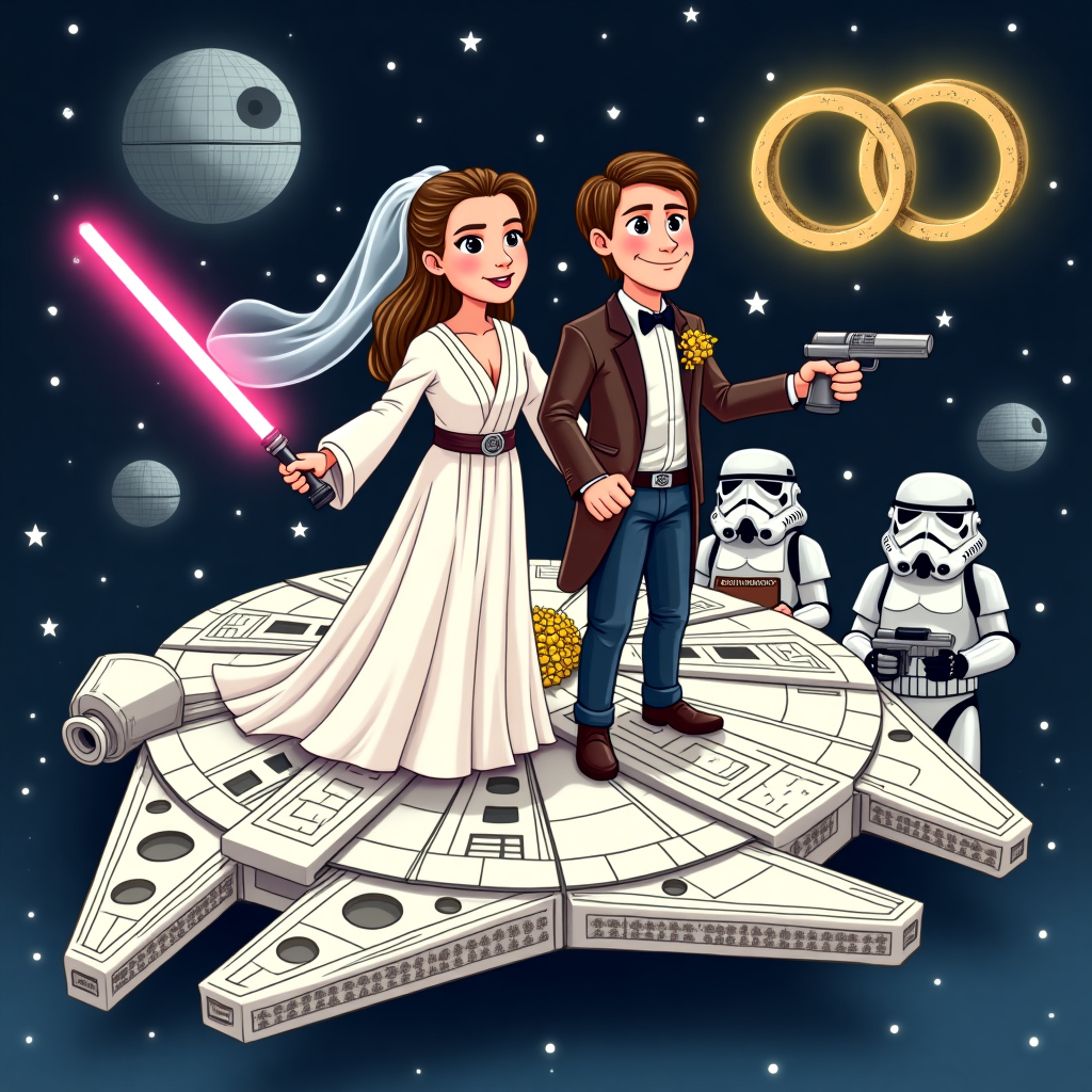 **At the top of the vector image:** "Alie & Griffin, May the Force Be With Your Marriage (And Also With Your In-Laws)"

**Image prompt:**  
Create a humorous vector-style illustration set in a Star Wars-inspired universe. The bride (Alie) is dressed in a flowing white Jedi robe with a bridal veil, wielding a glowing pink lightsaber. The groom (Griffin) is dressed as a dashing Han Solo with a boutonnière blaster. They’re floating in space aboard a star-shaped wedding cake shaped like the Millennium Falcon, being "piloted" by a smiling R2-D2 in a bowtie.

In the background, stormtroopers in tuxedos throw rice instead of laser blasts, and Chewbacca serves as the officiant, wearing glasses and holding a book titled "Wookiee Words of Wisdom." Above, two Death Stars shaped like gold wedding rings orbit around a heart-shaped moon.

The overall mood is fun, light-hearted, and celebratory, blending iconic Star Wars imagery with silly romantic wedding chaos in vibrant vector cartoon style.
Generated with these themes: Star Wars , , and .
Made with ❤️ by AI.