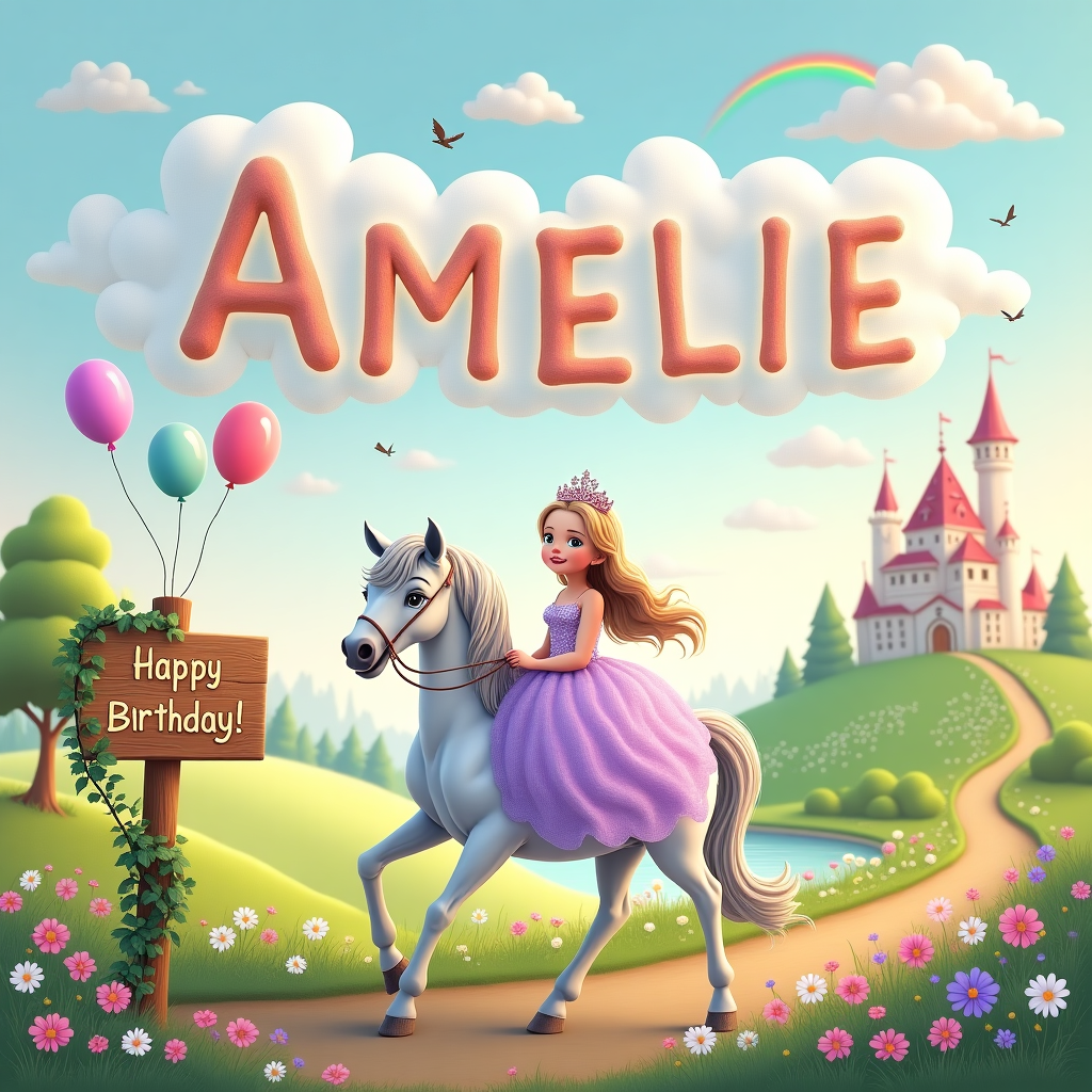 In the enchanting scene for Amelie's birthday card, a whimsical meadow unfolds beneath a sky painted in the soft pastels of dawn. At the heart of this charming tableau is a graceful, silver-maned horse, its coat shimmering under the morning light. On its back sits a radiant princess, clad in a gown of cascading lavender and soft rose, glistening with tiny sequins like dew drops. Her delicate tiara sparkles with amethysts, echoing her namesake. The horse, gentle and regal, strides along a path lined with flowers—daisies, violets, and buttercups—that seem to nod in greeting as they pass.

To the side, a small, wooden signpost stands, intricately carved and adorned with climbing ivy, bearing a banner that reads, "Happy Birthday, Amelie!" in flowing, golden script. Above, the sky is playfully dotted with fluffy, white clouds that have gathered to form the letters of her name—A-M-E-L-I-E—each letter drifting slowly and lazily across the azure expanse. Balloons in pastel hues float in the background, tethered to nearby trees, their colors reflected in the serene pond that rests at the scene’s edge.

In the background, a quaint castle peeks over a lush hill, its spires reaching towards the sky, suggesting the princess's royal home. Birds, mid-flight, streak through the air like arrows, adding a dynamic sense of life and movement to the scene. In the distance, a rainbow arches across the sky, as if nature itself is celebrating this special day. This magical kingdom comes together to tell a story of adventure and celebration, all in honor of Amelie's birthday.
Generated with these themes: Princess riding on horse.
Made with ❤️ by AI.