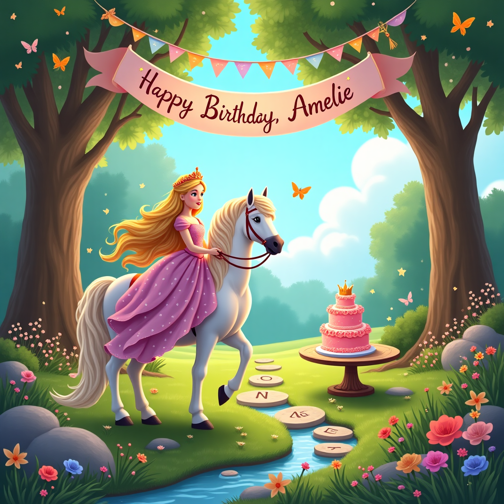 The scene is set in an enchanting, sun-dappled forest clearing where the dappled light casts playful shadows on the lush, emerald grass. In the center, a regal princess with flowing, golden hair, wearing a shimmering gown of soft pinks and purples adorned with tiny twinkling stars, gracefully rides a majestic, snow-white horse. The horse’s mane is braided with delicate wildflowers that match the princess’s gown. Surrounding them are towering trees whose branches form a natural arch overhead, embellished with festoons of pastel-hued birthday bunting gently swaying in the breeze. 

Hanging prominently across the arch is a vibrant banner that reads "Happy Birthday, Amelie" in elegant calligraphy, with each letter cleverly intertwined with sparkling fairy lights. Nearby, a round table set with a magical, tiered birthday cake covered in icing roses and topped with a miniature crown, sits invitingly amidst a bed of colorful wildflowers. A gentle brook babbles along the side, with stepping stones leading across it, each stone etched with a letter that spells out "Amelie" in a trail that guides the eye. In the azure sky above, soft, fluffy clouds lazily drift by, and one cloud magically takes the shape of a heart with "Amelie" subtly embossed in its center, visible when you look closely. Butterflies flutter around, adding a lively dance to the scene. The atmosphere is filled with the enchanting detail of a birthday wonderland that truly celebrates Amelie in a most delightful and imaginative way.
Generated with these themes: Princess riding on horse.
Made with ❤️ by AI.