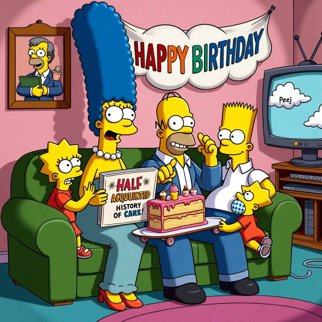 In a whimsical mash-up of colorful chaos, the iconic Simpson family is cozily assembled on their classic green sofa, reminiscent of the opening sequence but with a twist. Marge, with her towering blue hair reaching towards the ceiling, is holding a large, comically oversized book titled "HALF ACQUAINTED" with its cover designed in a playful, mock-serious style, featuring a caricature of a distinguished-looking gentleman with one eye peeking skeptically from behind the book's title. Homer, with his perpetual look of confusion, is attempting to peer over Marge's shoulder while clutching a plate with a gigantic slice of gooey birthday cake, its layers dripping with vibrant icing in shades of pink, yellow, and blue. Bart, true to form, is up to his usual mischief, trying to balance a stack of cupcakes on his skateboard, each one teetering precariously. Lisa is perched at the edge of the sofa, engrossed in reading her own smaller book titled "Half-Pieced History of Cake," while Maggie is tugging at Marge’s dress with her pacifier firmly in her mouth, eyeing the slice of cake longingly.

Above them, a large, colorful banner swings joyfully from the ceiling, emblazoned with "Happy Birthday Peej!" in bright, bubbly letters that look like they were sketched in a style reminiscent of Charles Schulz, adding a friendly, playful touch. In the background, a framed picture of a half-eaten donut hangs crookedly on the wall, an homage to Homer’s eternal love affair with donuts. To complete the scene, the family’s faithful television set is off in the corner, but instead of its usual broadcast, it’s displaying a static image of a smiling cloud with "Peej" written in fluffy, cartoonish script, seemingly a nod to the influences of Winsor McCay. The whole scene, bursting with energy and intricate detail, is a lively, humorous tableau of birthday chaos and family togetherness, perfectly capturing the quirky spirit of the Simpsons with a personalized twist for Peej.
Generated with these themes: The Simpson family on the sofa reading a book called HALF ACQUAINTED with birthday cake.
Made with ❤️ by AI.